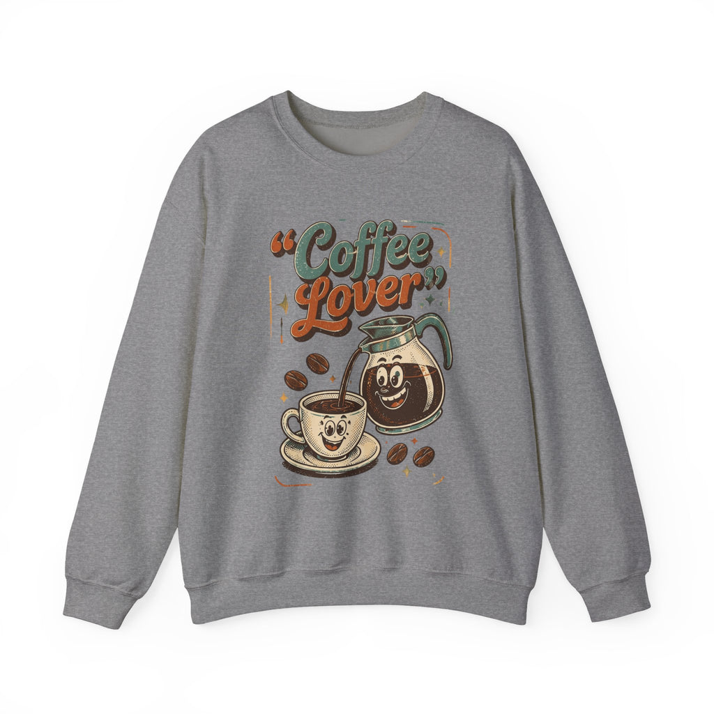 Graphite Heather crewneck sweatshirt laid flat, printed with a retro coffee pot