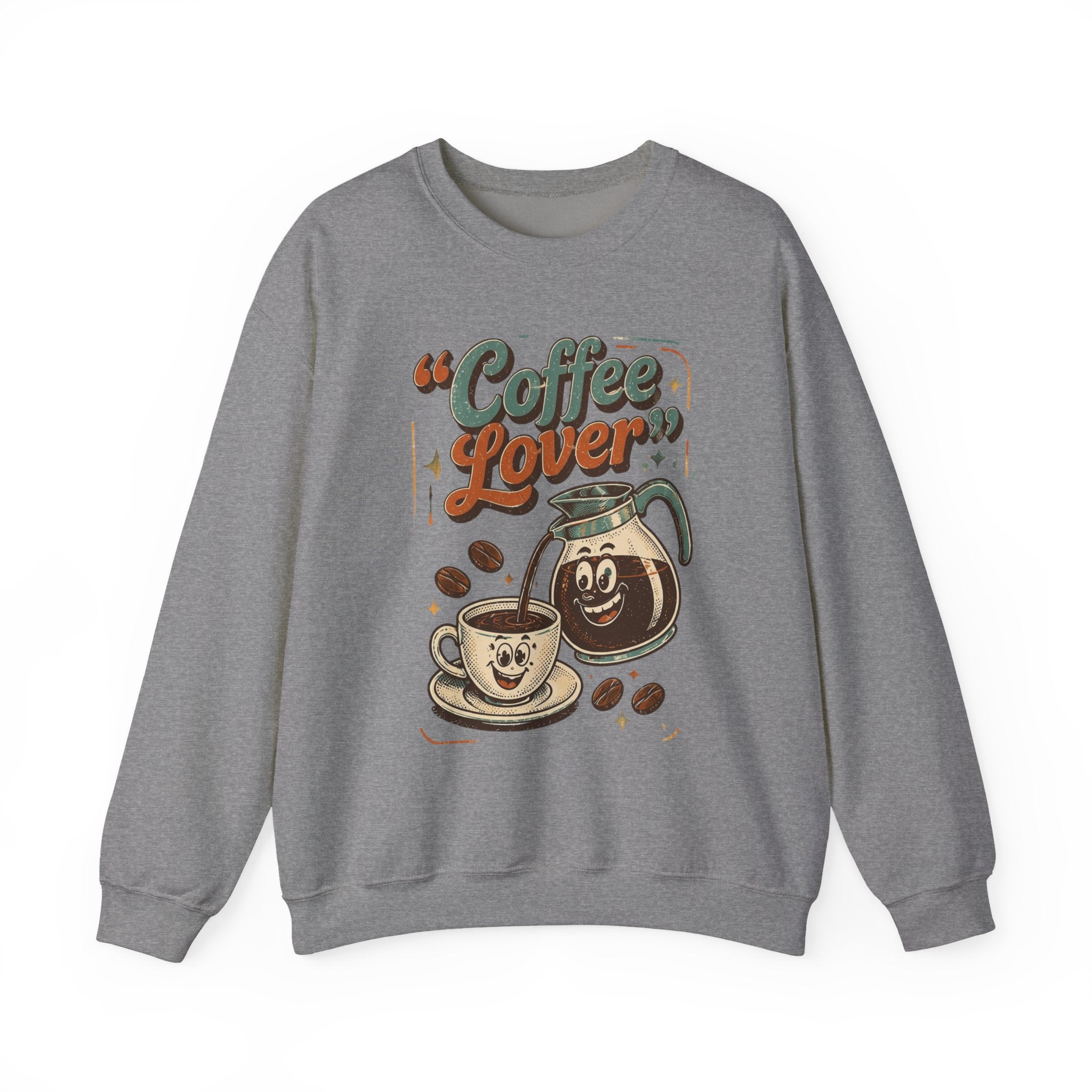Graphite Heather crewneck sweatshirt laid flat, printed with a retro coffee pot
