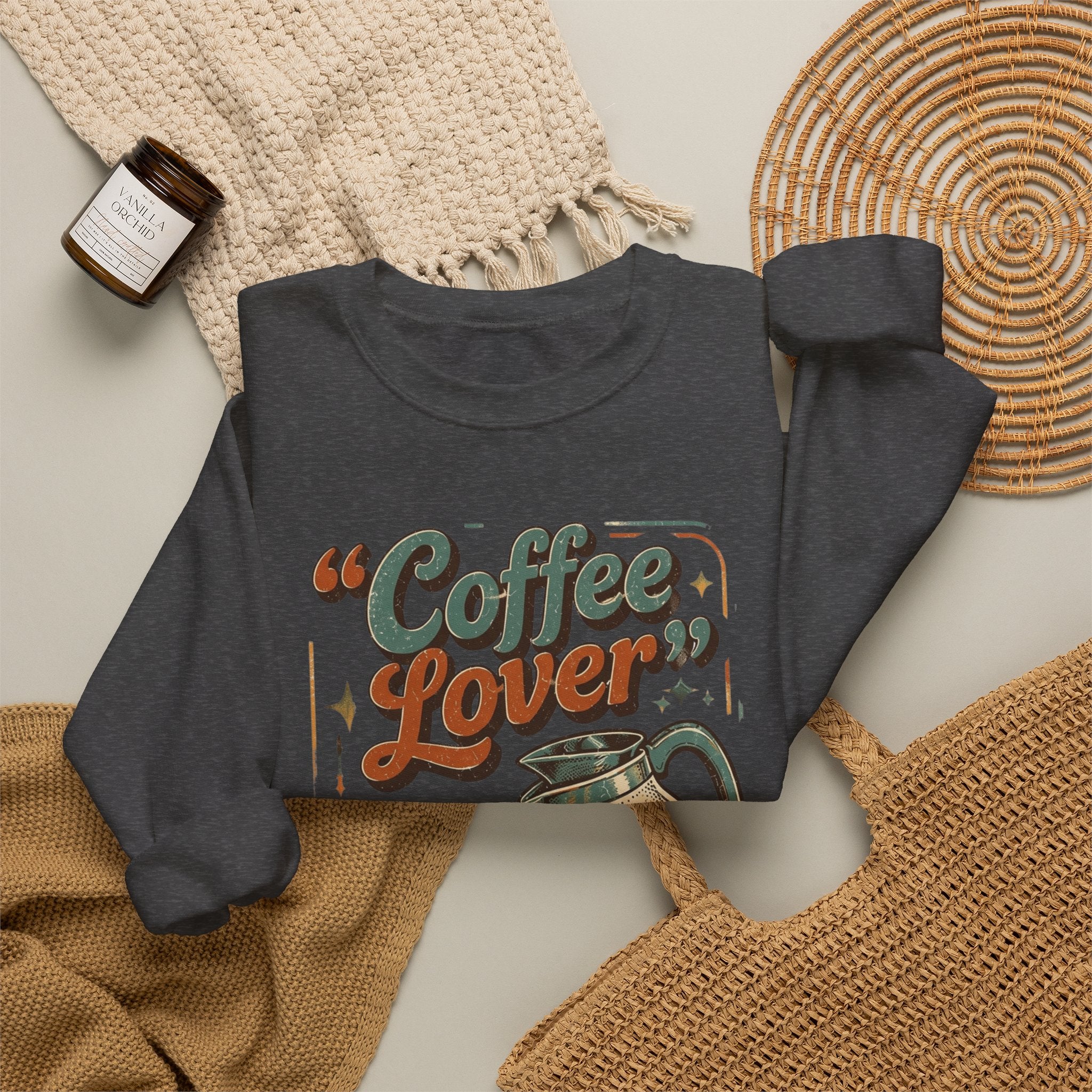 Dark Heather crewneck sweatshirt styled flat with a candle — retro coffee pot