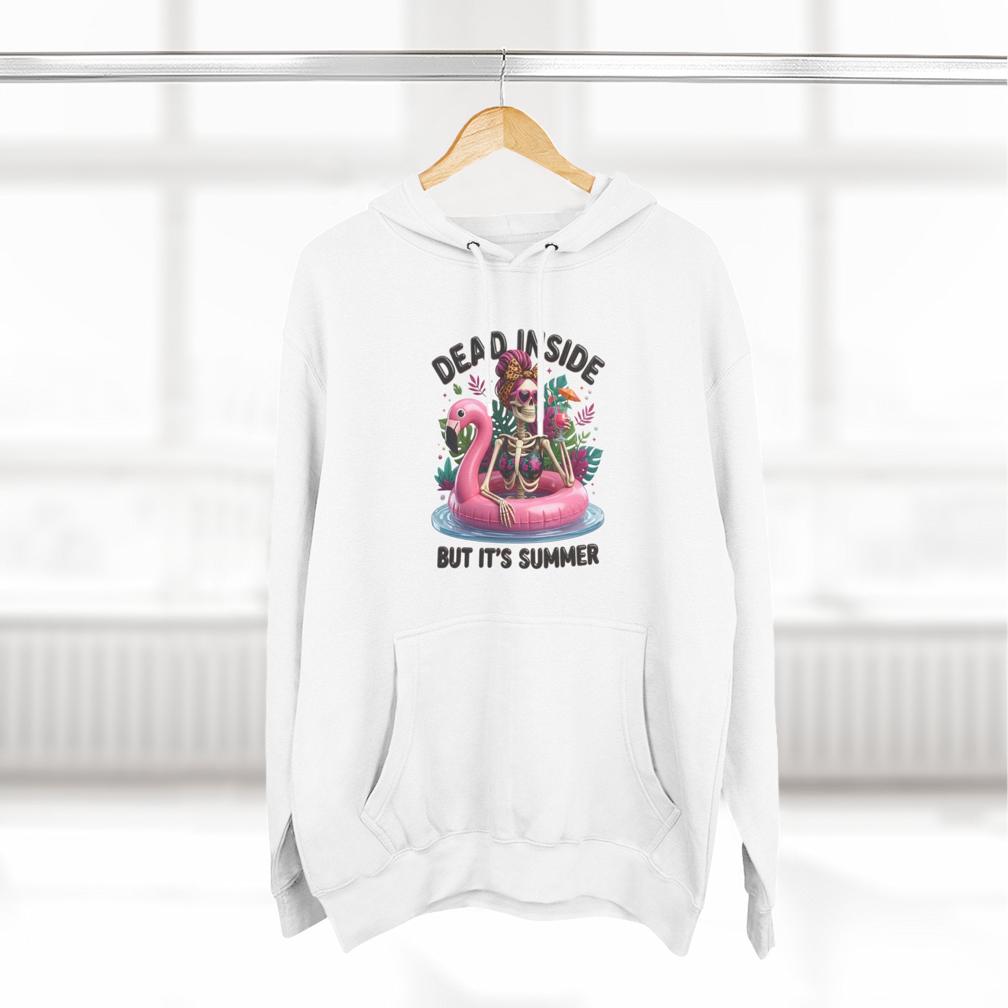 White hoodie styled flat with a candle — retro pink skeleton