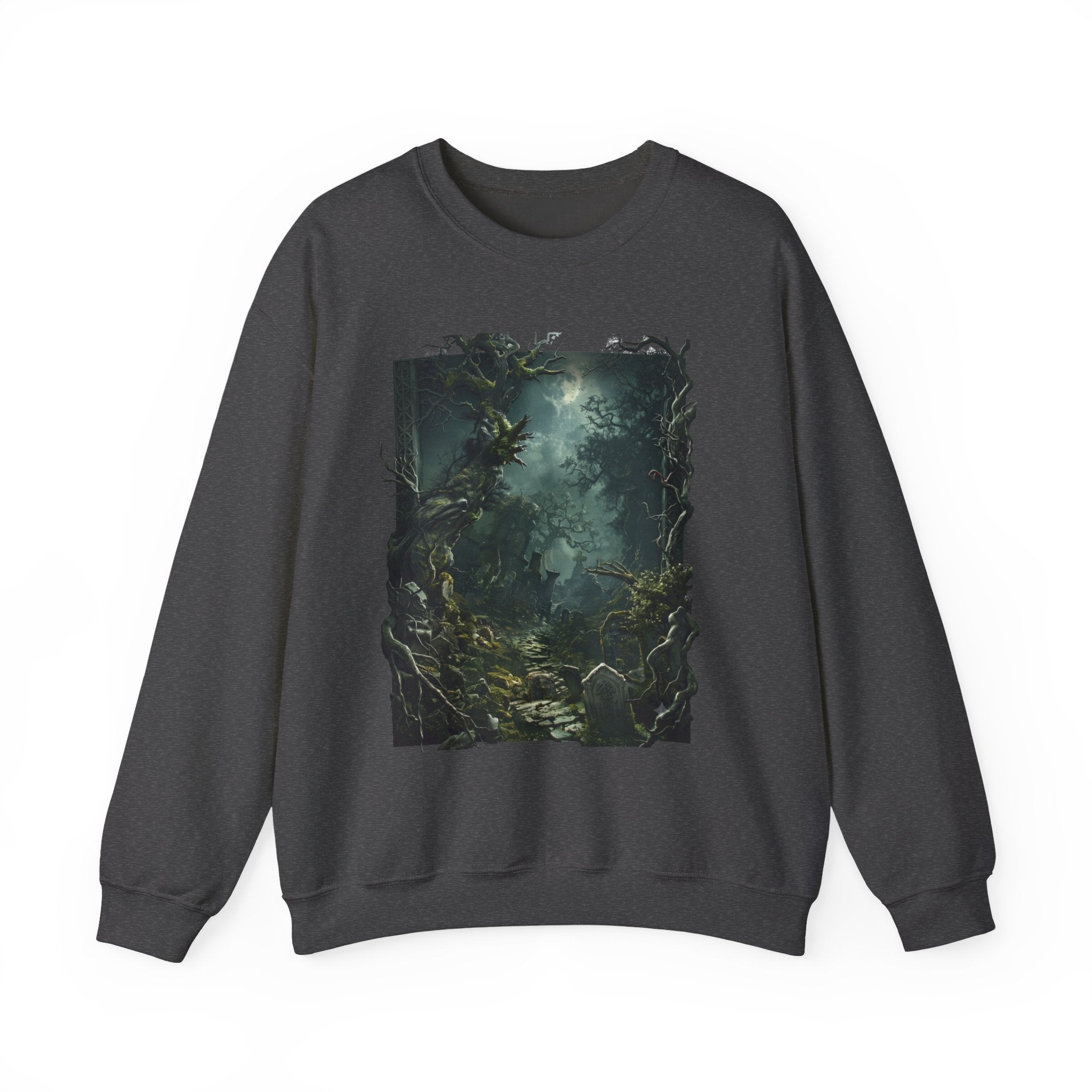Dark Heather crewneck sweatshirt laid flat, printed with a moonlit forest of gnarled mossy trees drifts into pale