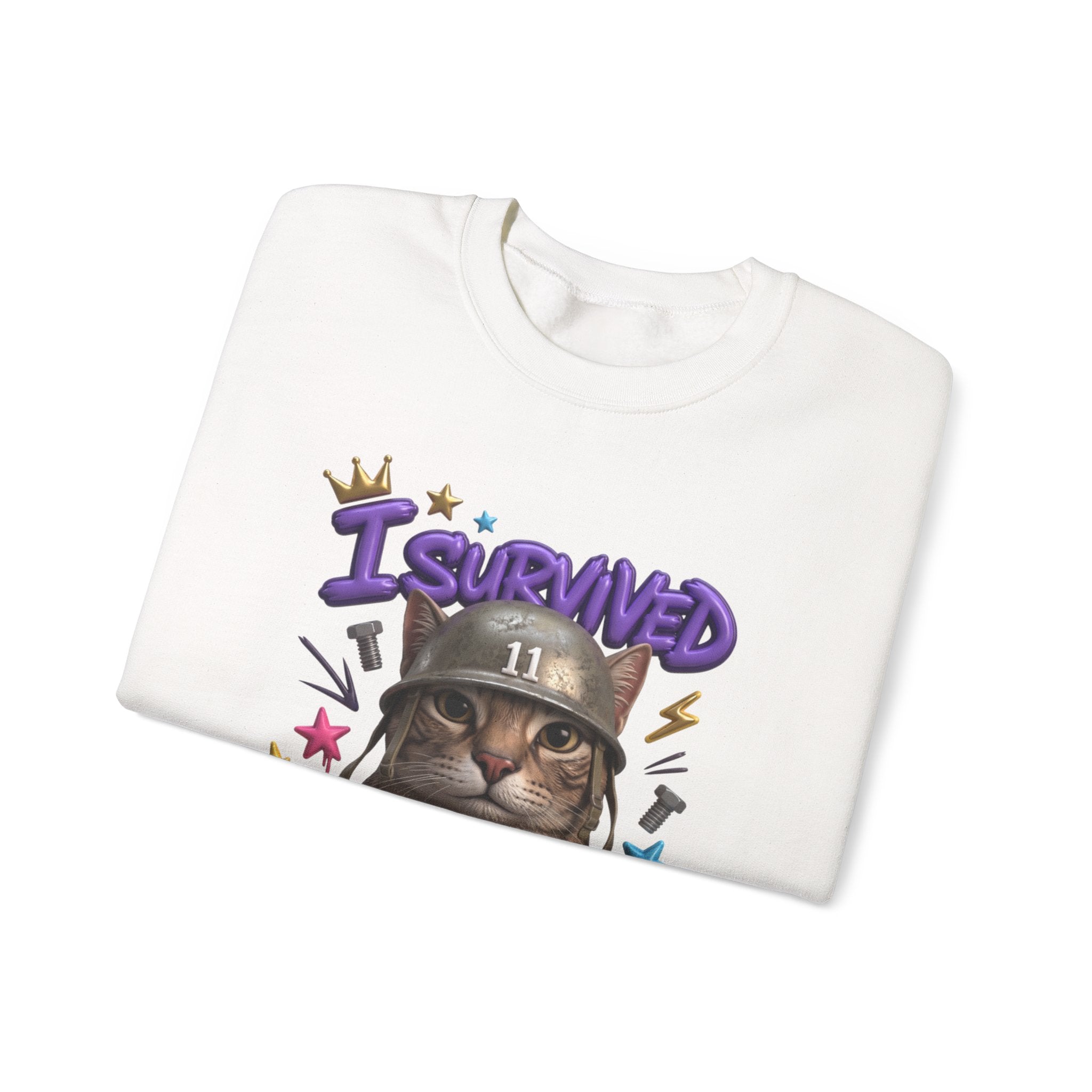White crewneck sweatshirt folded to show the flat-eyed cat wearing a battered steel helmet print