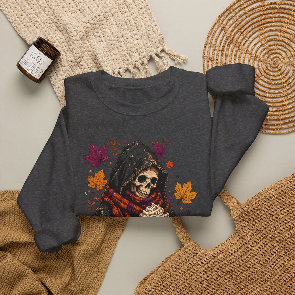 Dark Heather crewneck sweatshirt styled flat with a candle — hooded skeleton with pumpkin spice drink