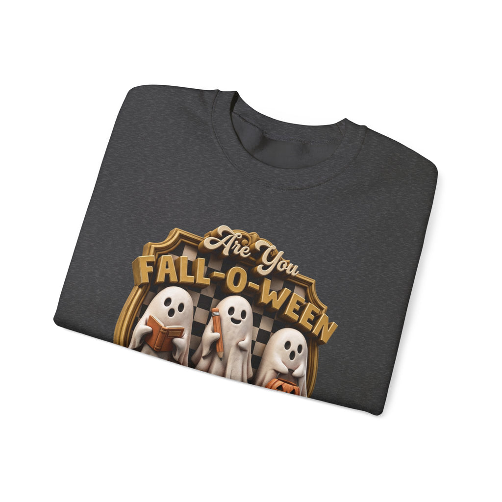 Dark Heather crewneck sweatshirt folded to show the three little sheet ghosts read a book and carry print