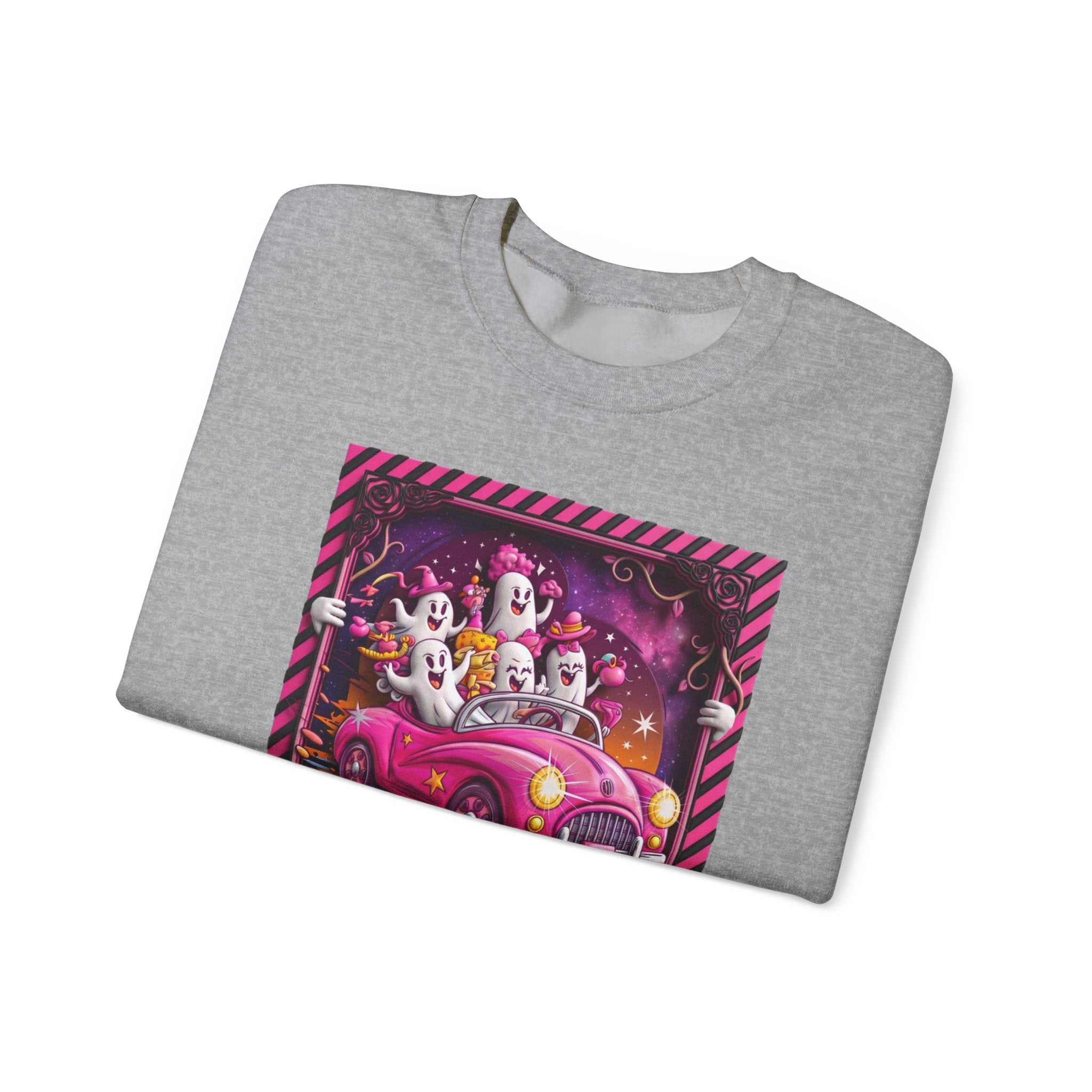 Sport Grey crewneck sweatshirt folded to show the carload of smiling ghosts cruises in a bubblegum pink print