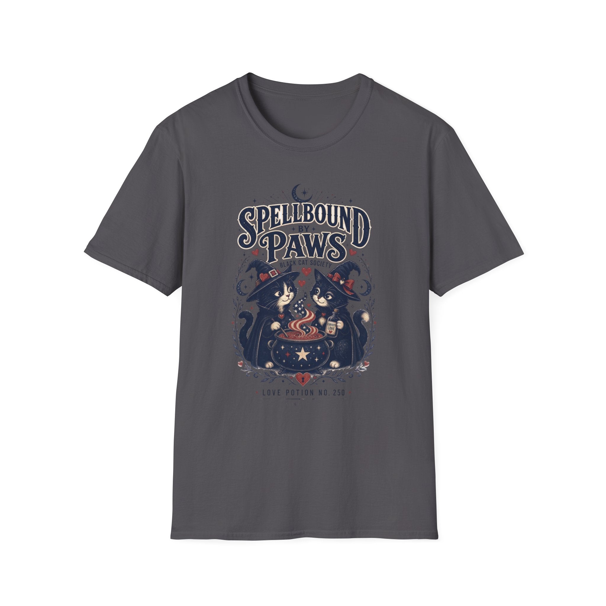 Charcoal t-shirt laid flat, printed with a two black cats in witch hats