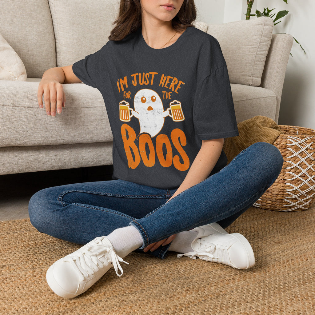 Dark Heather Grey t-shirt laid flat, printed with a single wide-eyed ghost raising a frothy pint under chunky