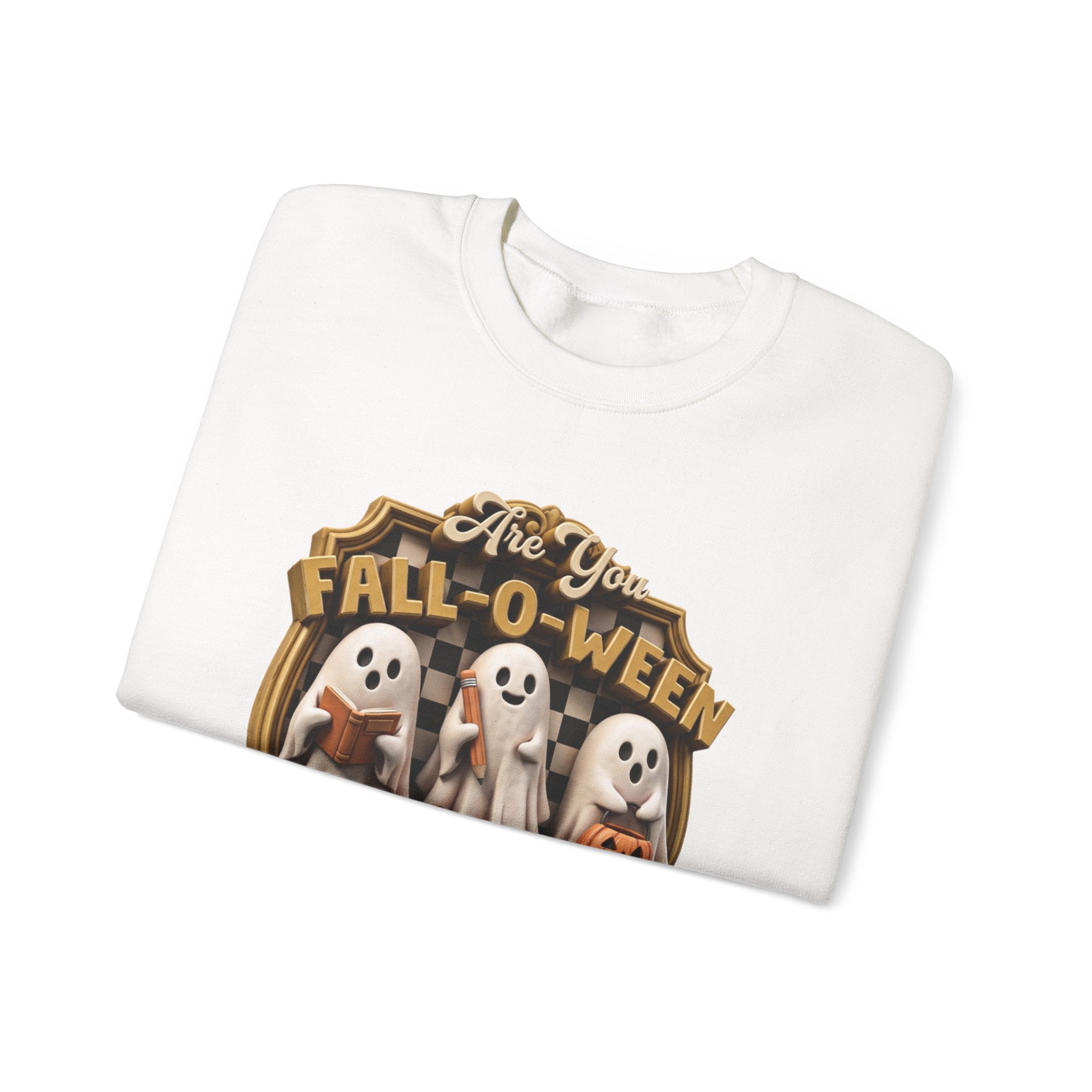 White crewneck sweatshirt folded to show the three little sheet ghosts read a book and carry print