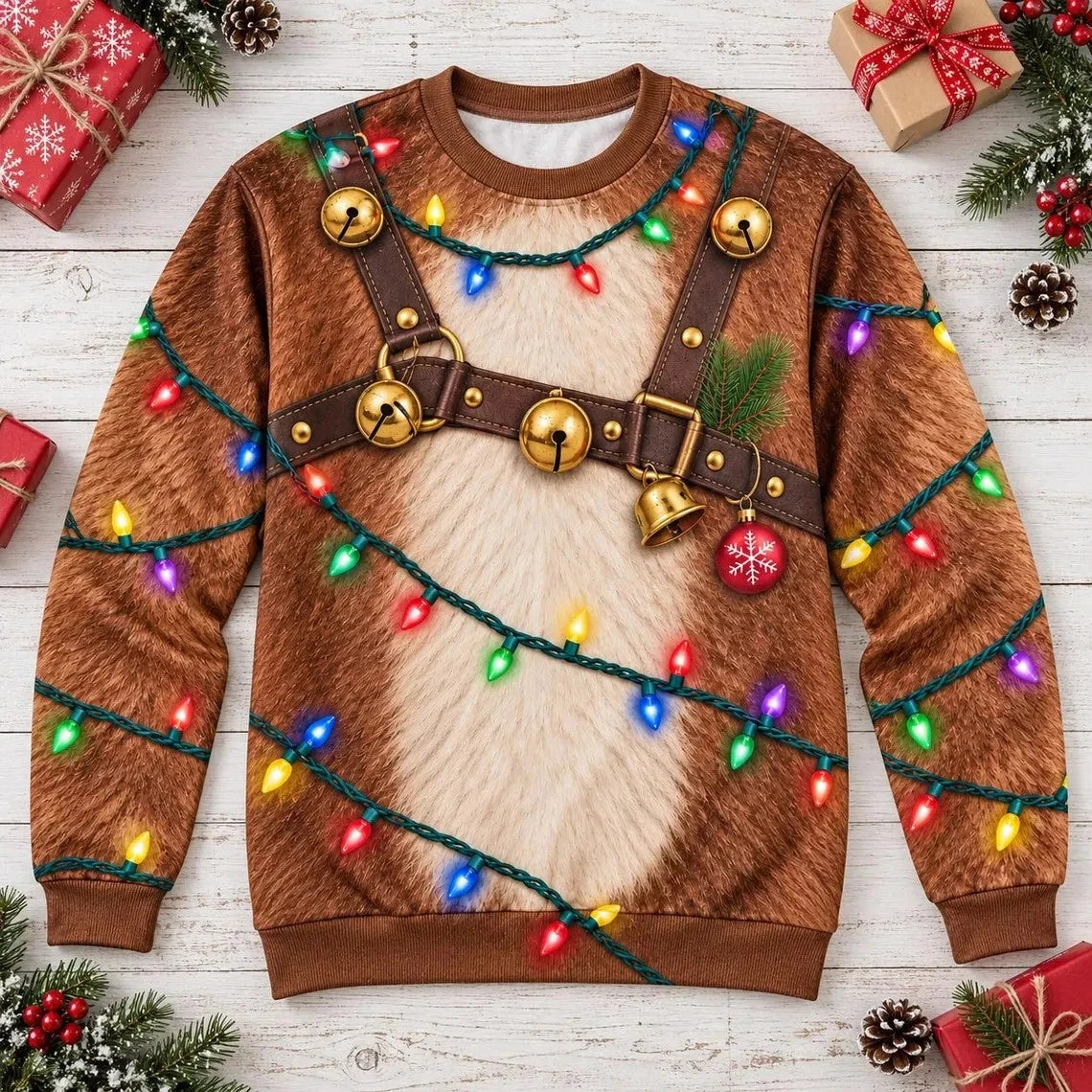 Funny Reindeer Costume Christmas Lights Ugly Sweater Sweatshirt