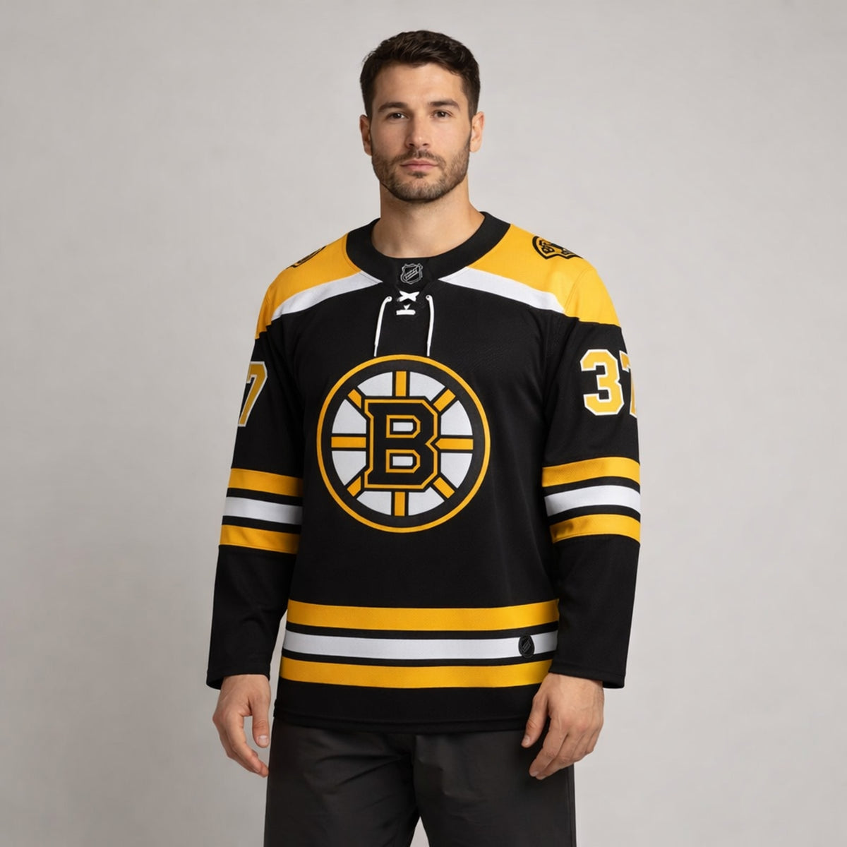 Bergeron 37 Boston Hockey Jersey Black Yellow - 4