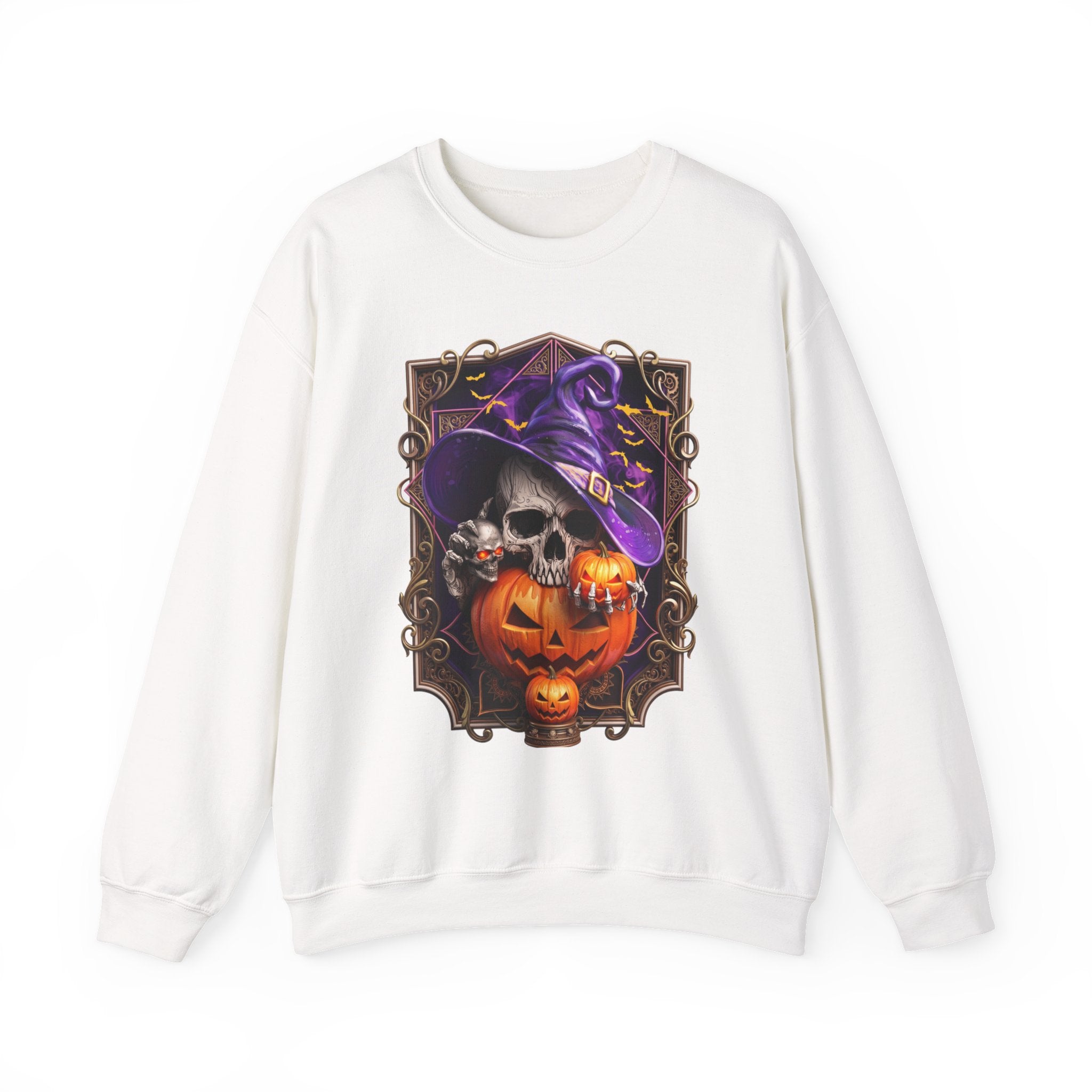 White crewneck sweatshirt laid flat, printed with a skull in a slouchy purple witch hat peers out
