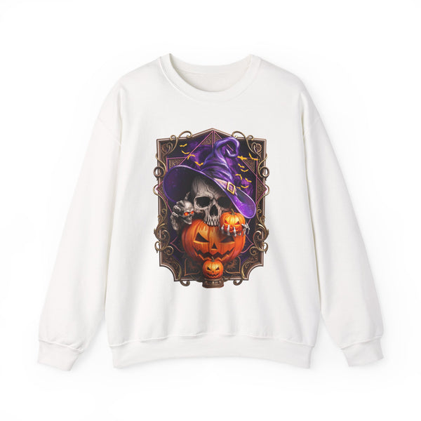 White crewneck sweatshirt laid flat, printed with a skull in a slouchy purple witch hat peers out
