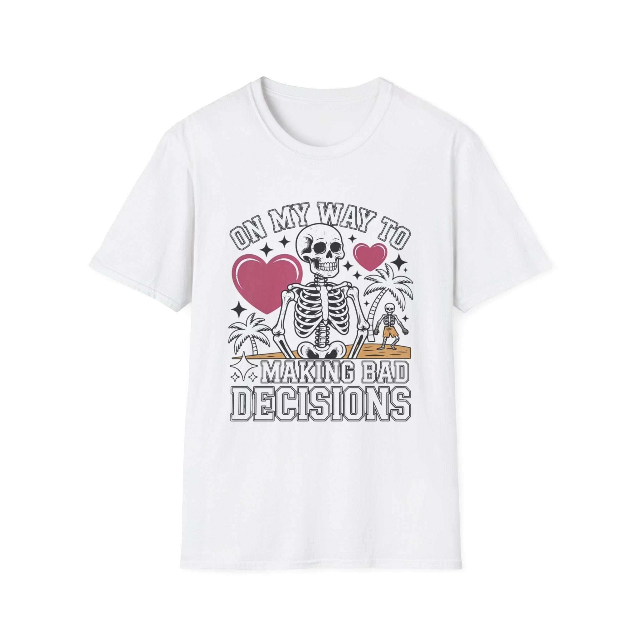White t-shirt laid flat, printed with a two line drawn skeletons under pink hearts and bold