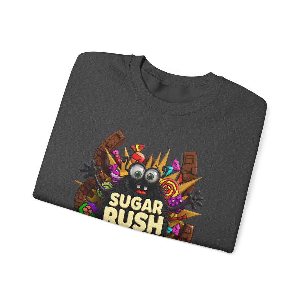Dark Heather crewneck sweatshirt folded to show the fuzzy black monster with big googly eyes bursts out print