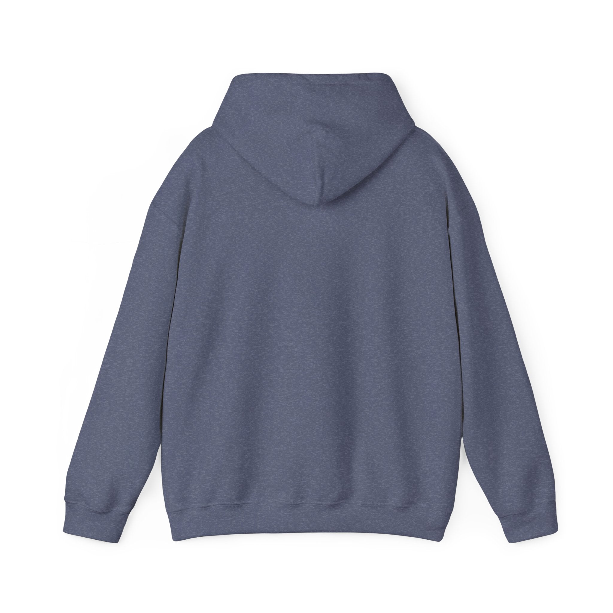 Heather Navy hoodie, plain back — sunset skeleton print on the front