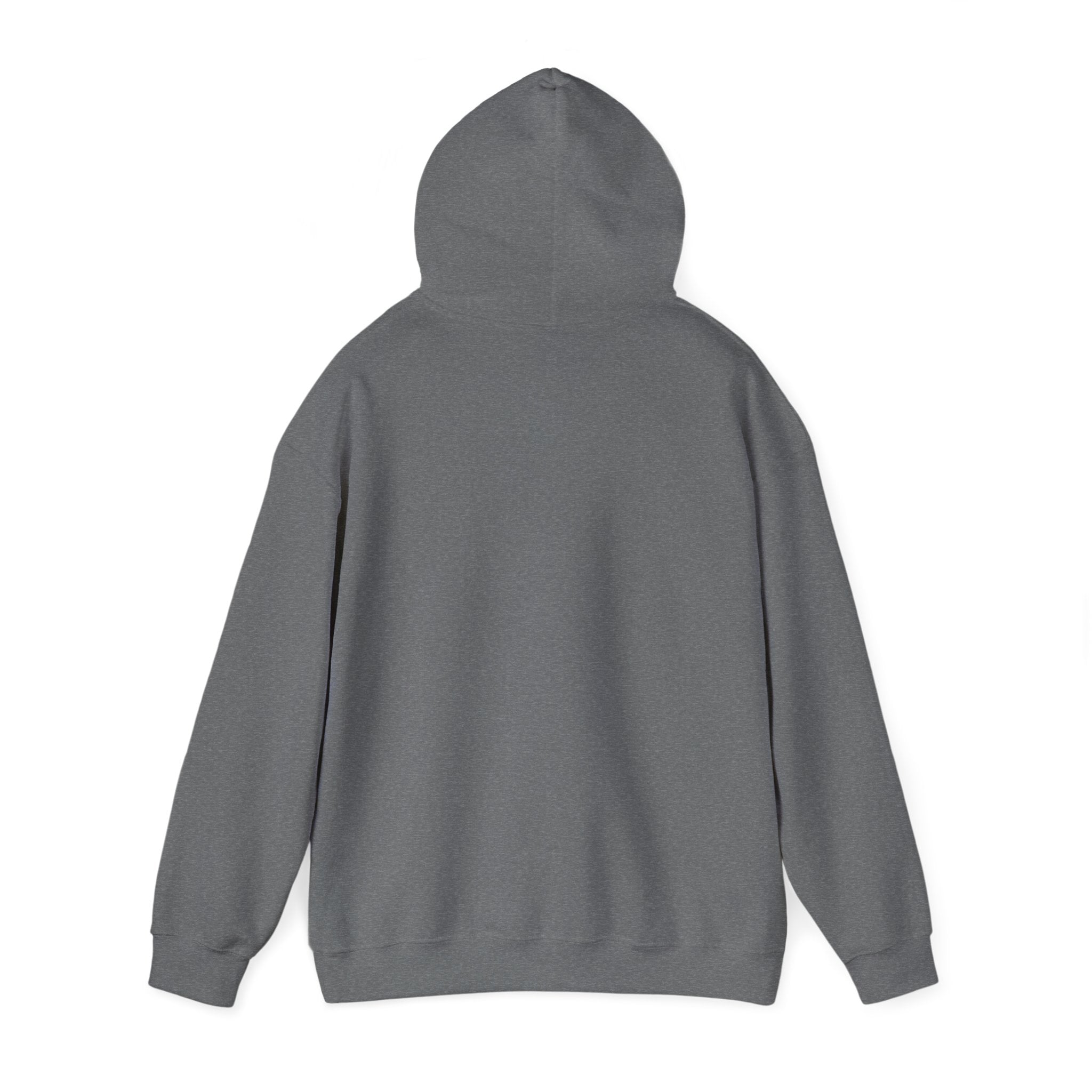 Graphite Heather hoodie folded to show the sunset skeleton print centred on the chest print