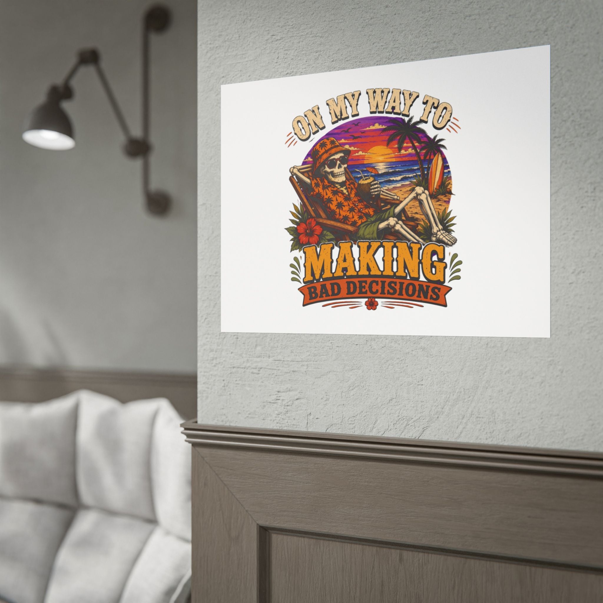 Poster print showing a grinning skeleton stretched out under a burning tropical sunset, view 23