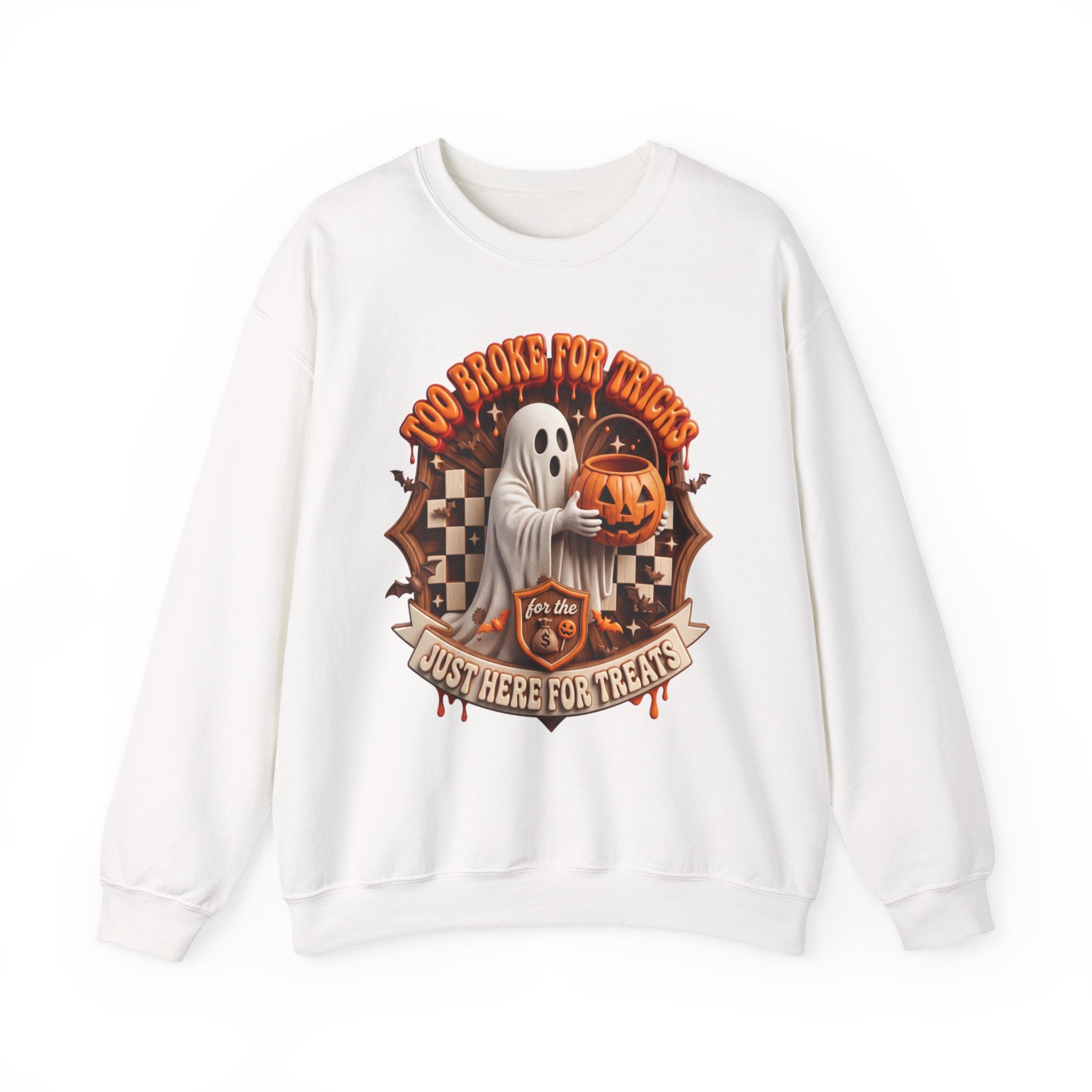 White crewneck sweatshirt laid flat, printed with a sheet ghost hugs a jack-o-lantern candy pail