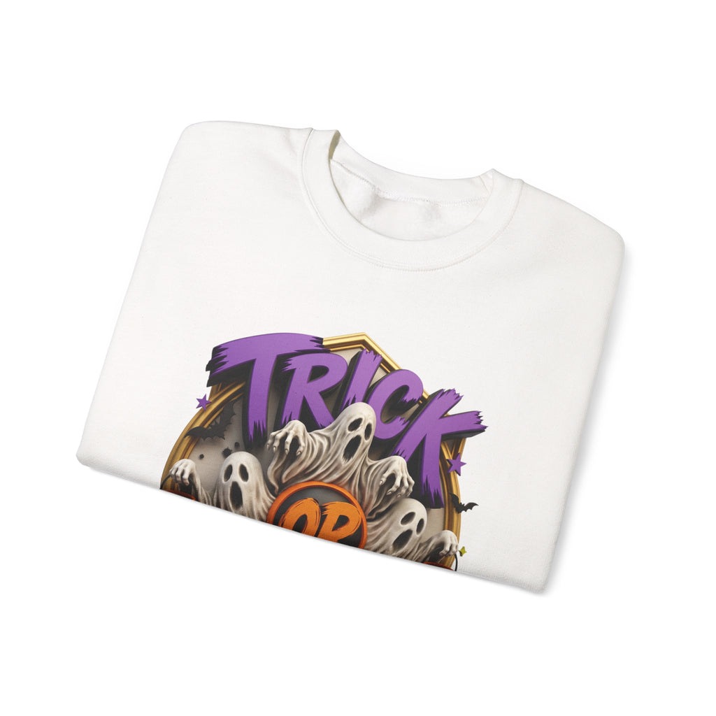 White crewneck sweatshirt folded to show the huddle of wide-mouthed ghosts rises between two carved pumpkins print