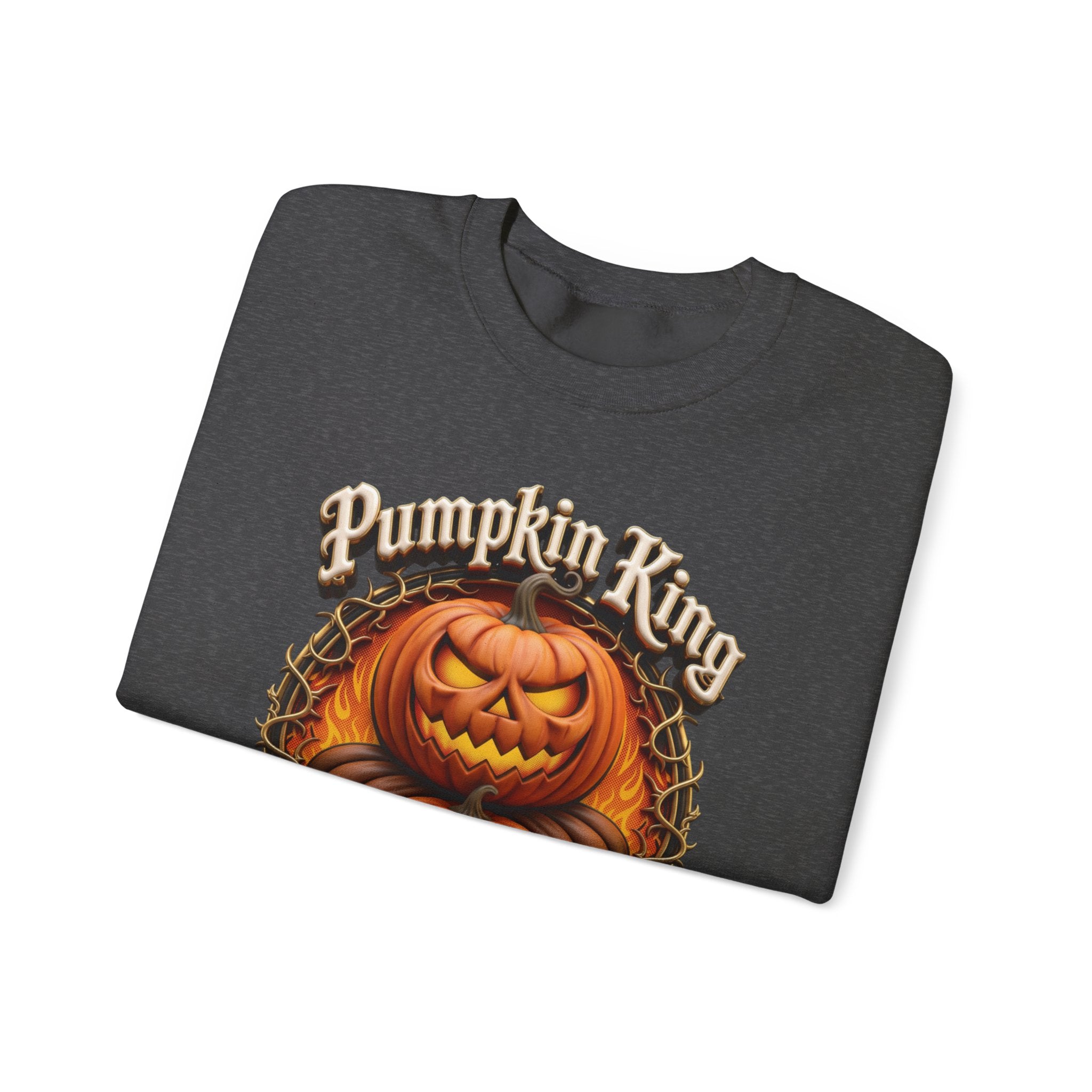 Dark Heather crewneck sweatshirt folded to show the two fierce jack-o-lanterns stack up inside a thorny wreath print