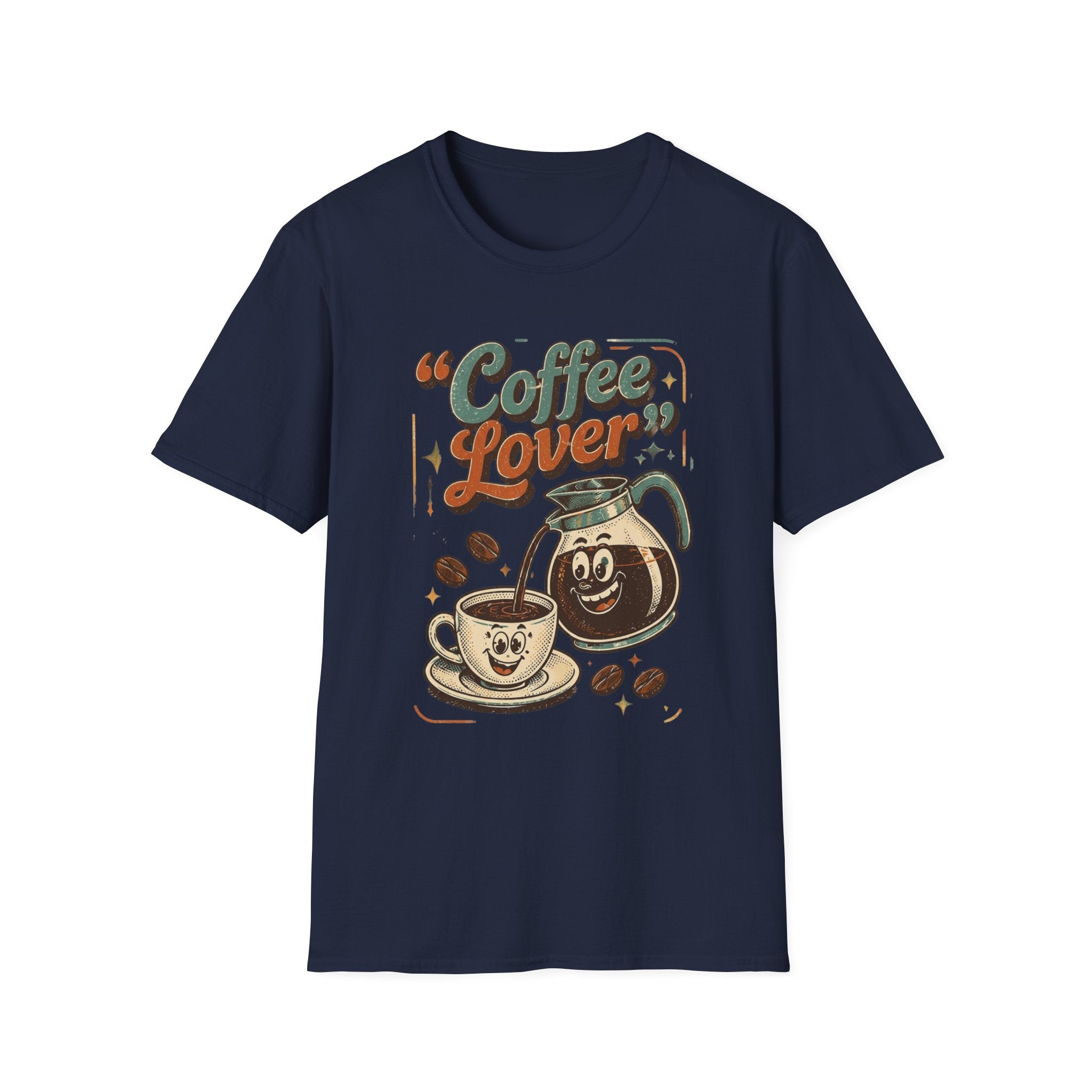 Navy t-shirt laid flat, printed with a retro coffee pot and steaming cup under the words