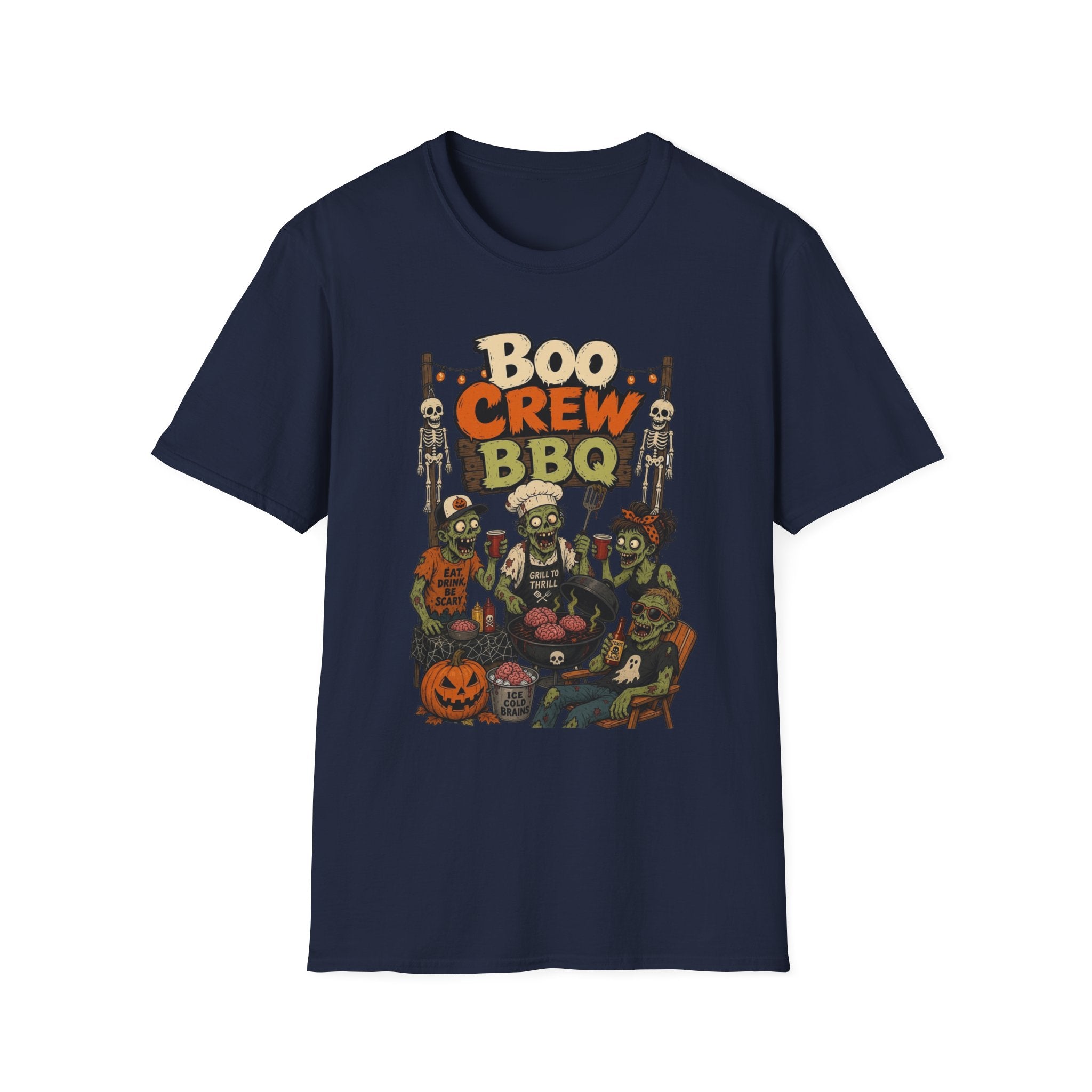 Navy t-shirt laid flat, printed with a skeletons and zombies crowded around a smoking grill