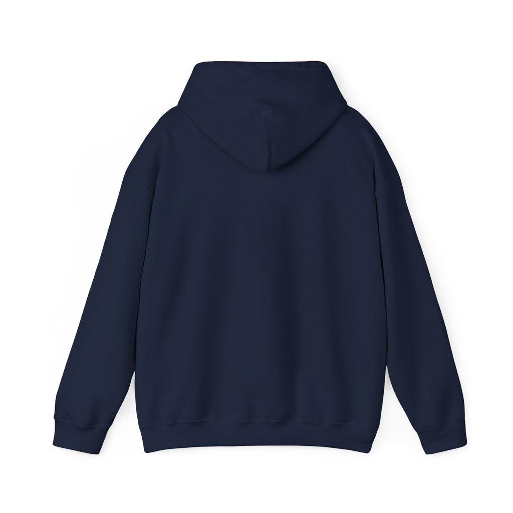 Navy hoodie, plain back — sunset skeleton print on the front