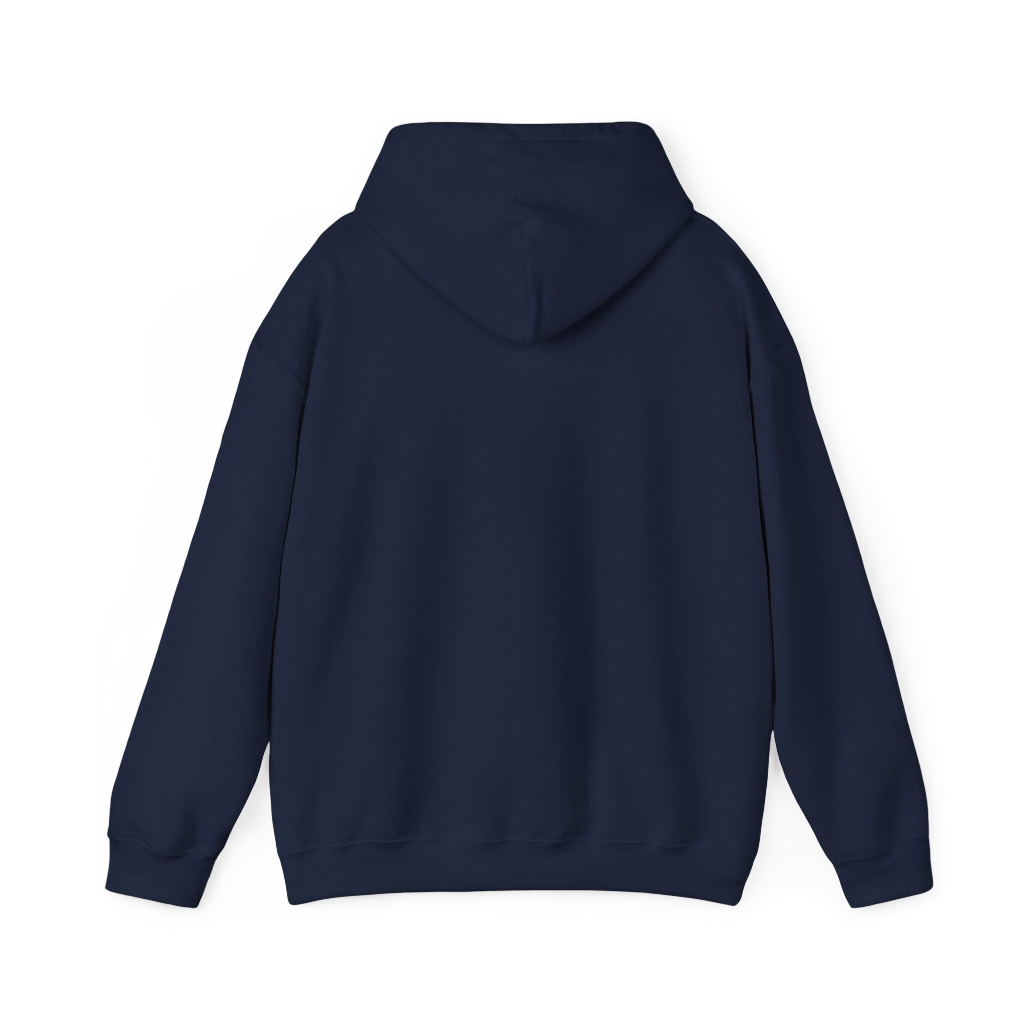 Navy hoodie, plain back — sunset skeleton print on the front