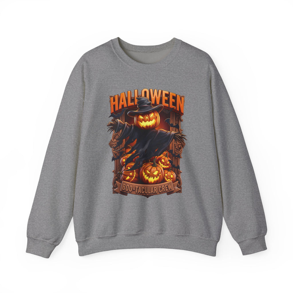 Graphite Heather crewneck sweatshirt laid flat, printed with a scarecrow with a glowing jack-o-lantern head stands