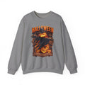 Graphite Heather crewneck sweatshirt laid flat, printed with a scarecrow with a glowing jack-o-lantern head stands