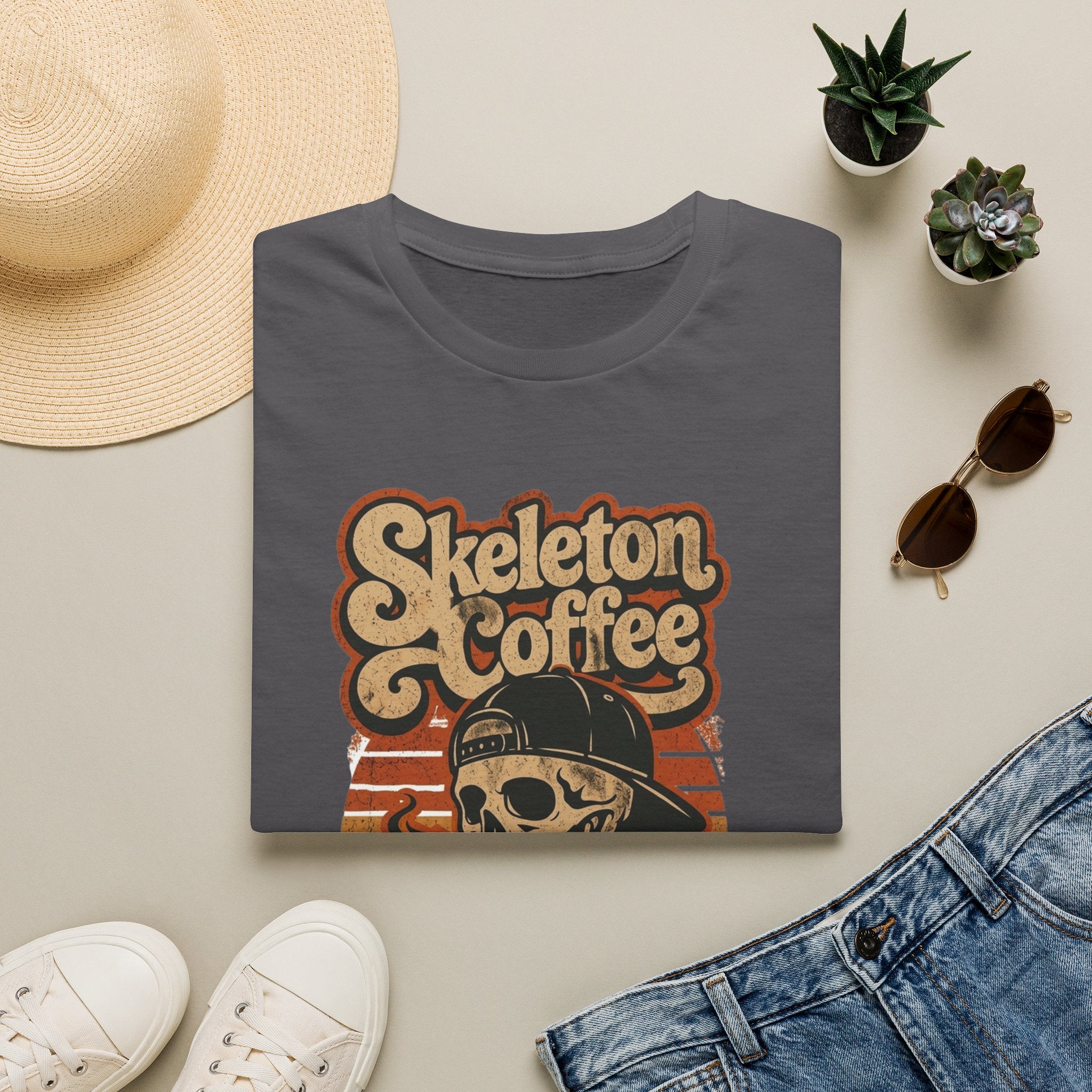 Charcoal t-shirt styled flat with a candle — skeleton in a sweater holding coffee