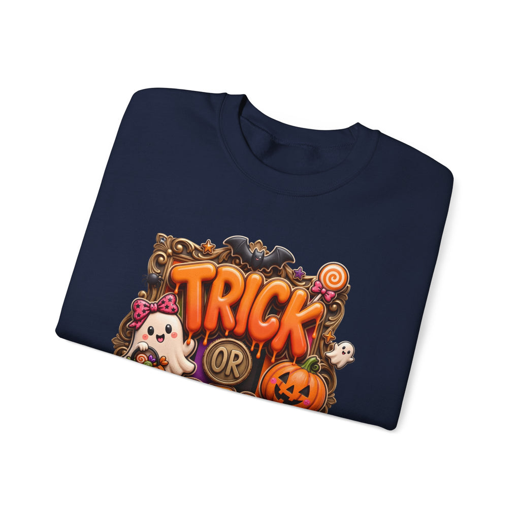Navy crewneck sweatshirt folded to show the puffy orange trick or treat lettering frames a bow-wearing print