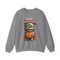 Graphite Heather crewneck sweatshirt laid flat, printed with a wide-eyed cartoon mummy wrapped in bandages hugs a carved