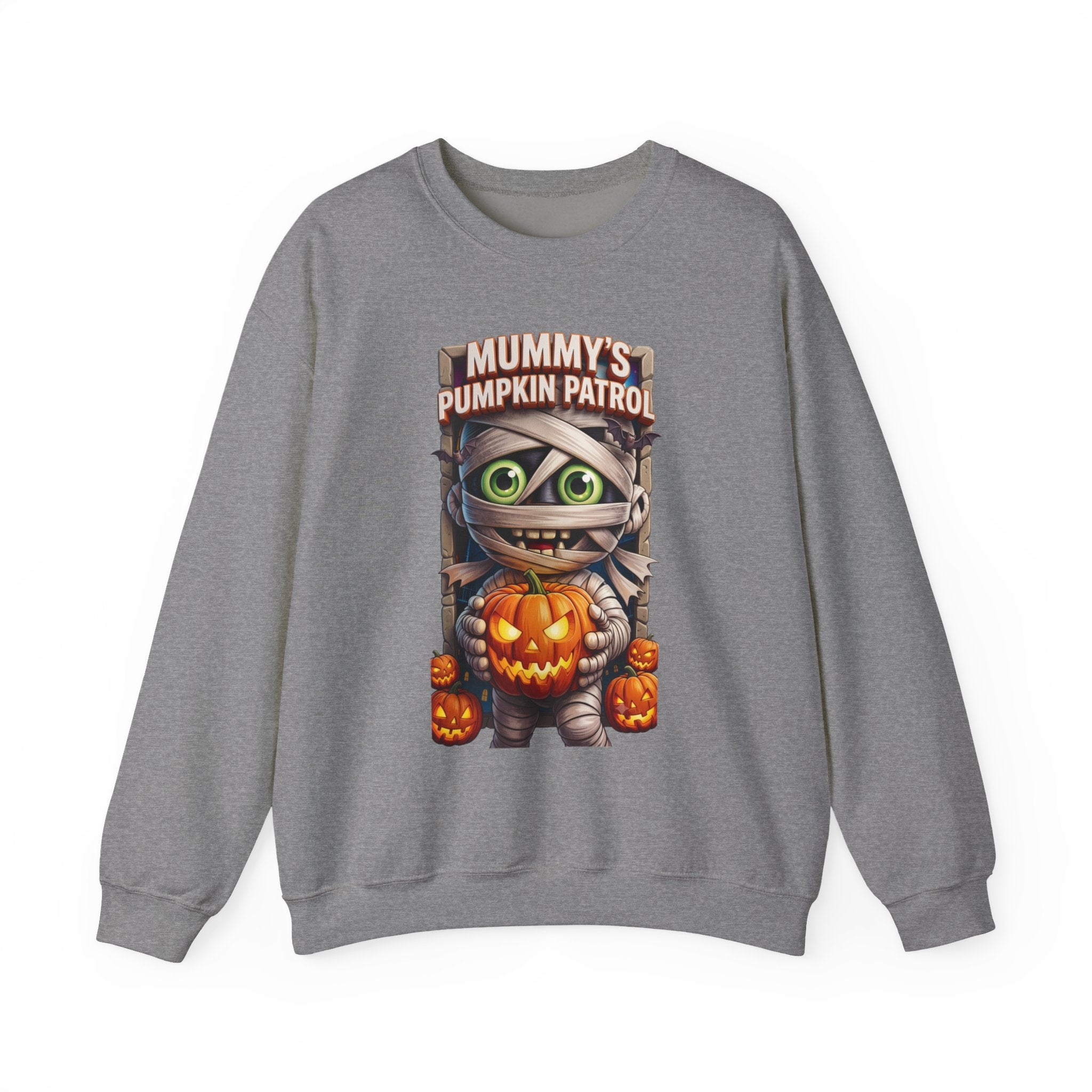 Graphite Heather crewneck sweatshirt laid flat, printed with a wide-eyed cartoon mummy wrapped in bandages hugs a carved