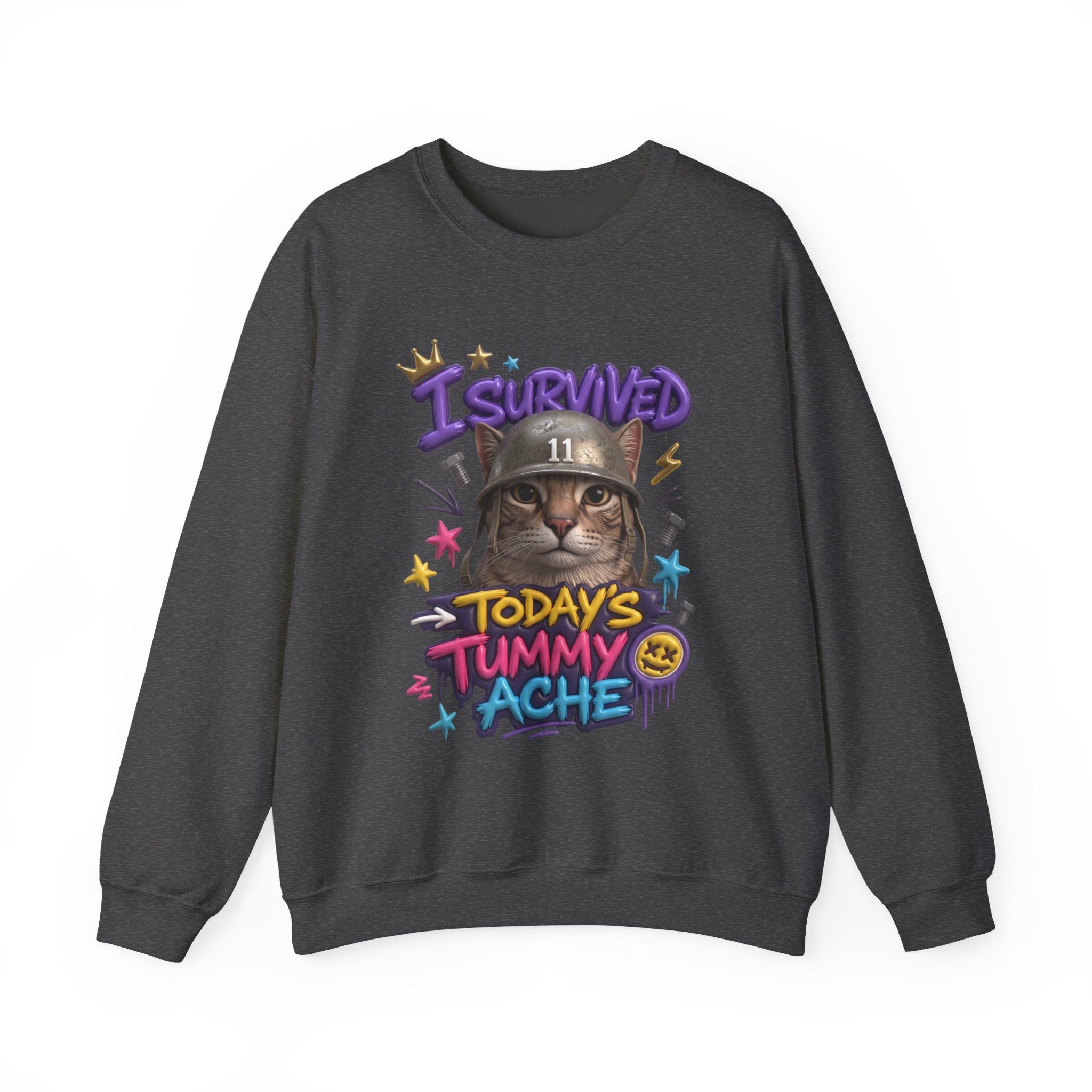 Dark Heather crewneck sweatshirt laid flat, printed with a flat-eyed cat wearing a battered steel helmet