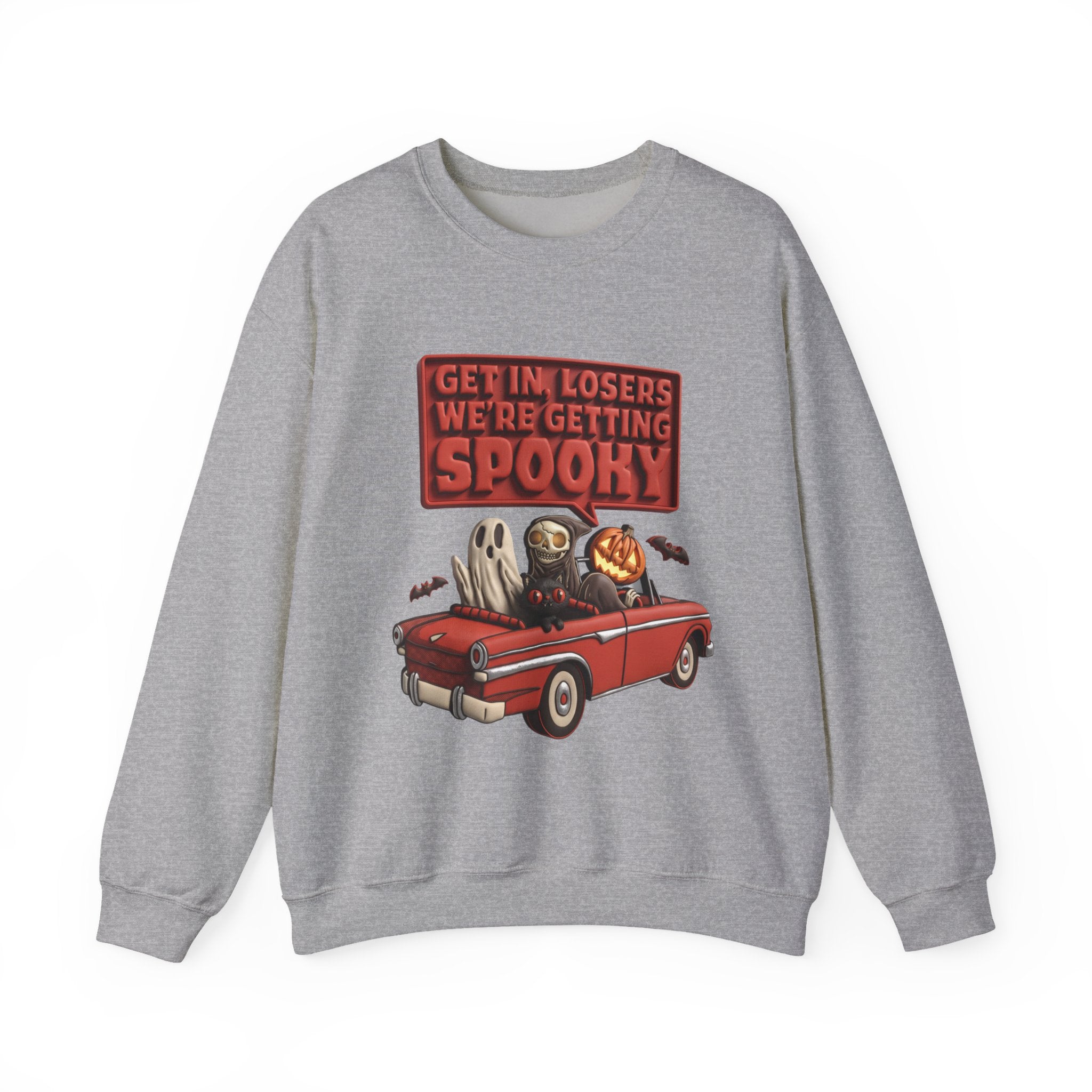 Sport Grey crewneck sweatshirt laid flat, printed with a ghost