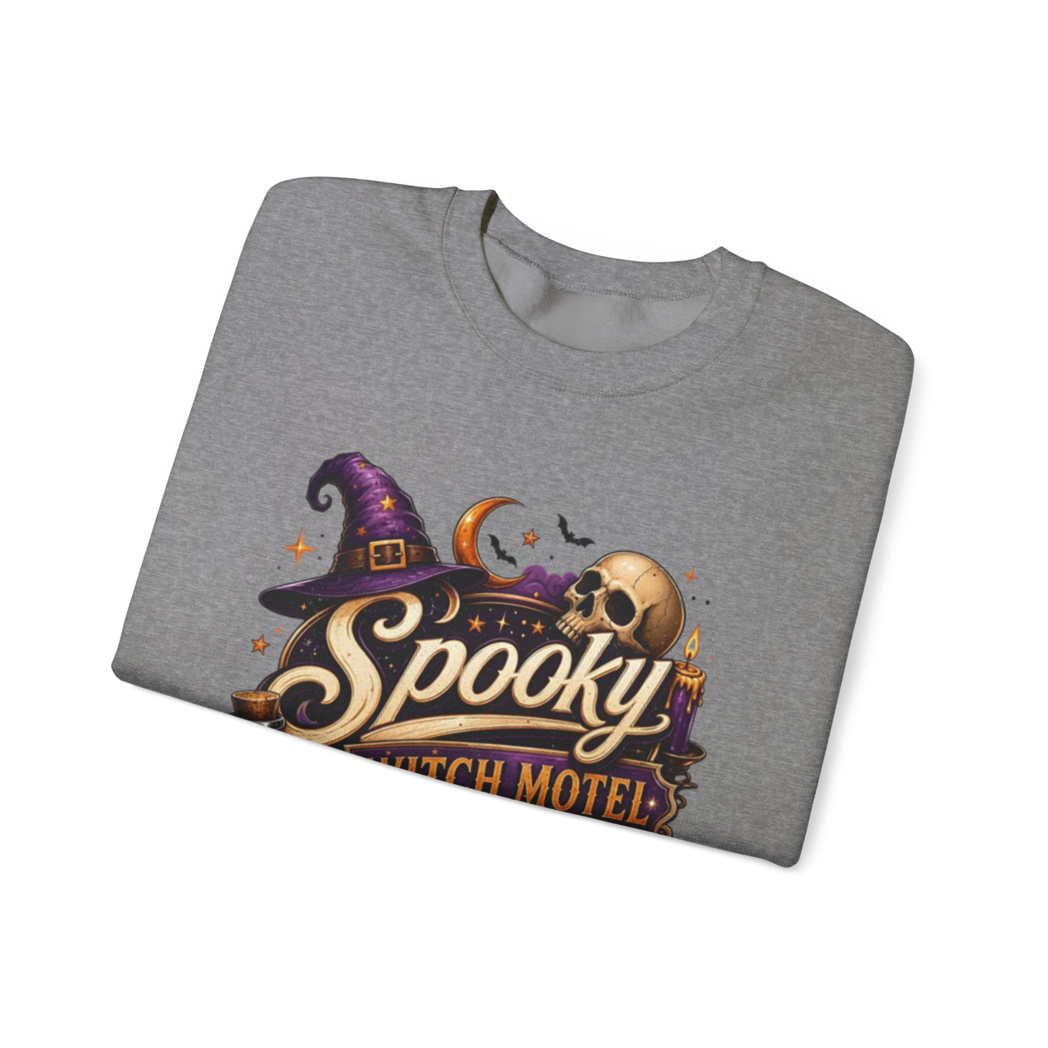 Graphite Heather crewneck sweatshirt folded to show the neon vintage motel sign reading spooky witch motel print