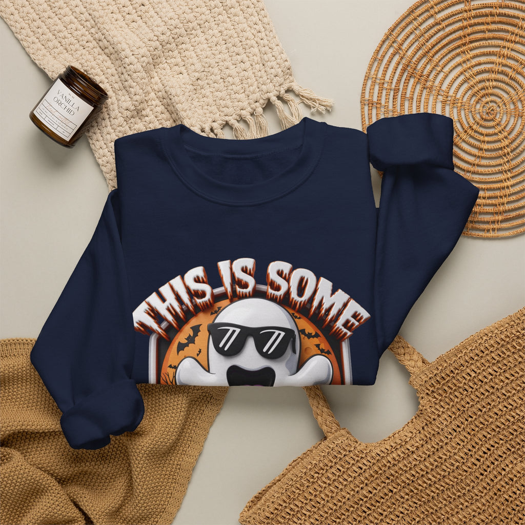 Navy crewneck sweatshirt styled flat with a candle — cartoon ghost in dark sunglasses