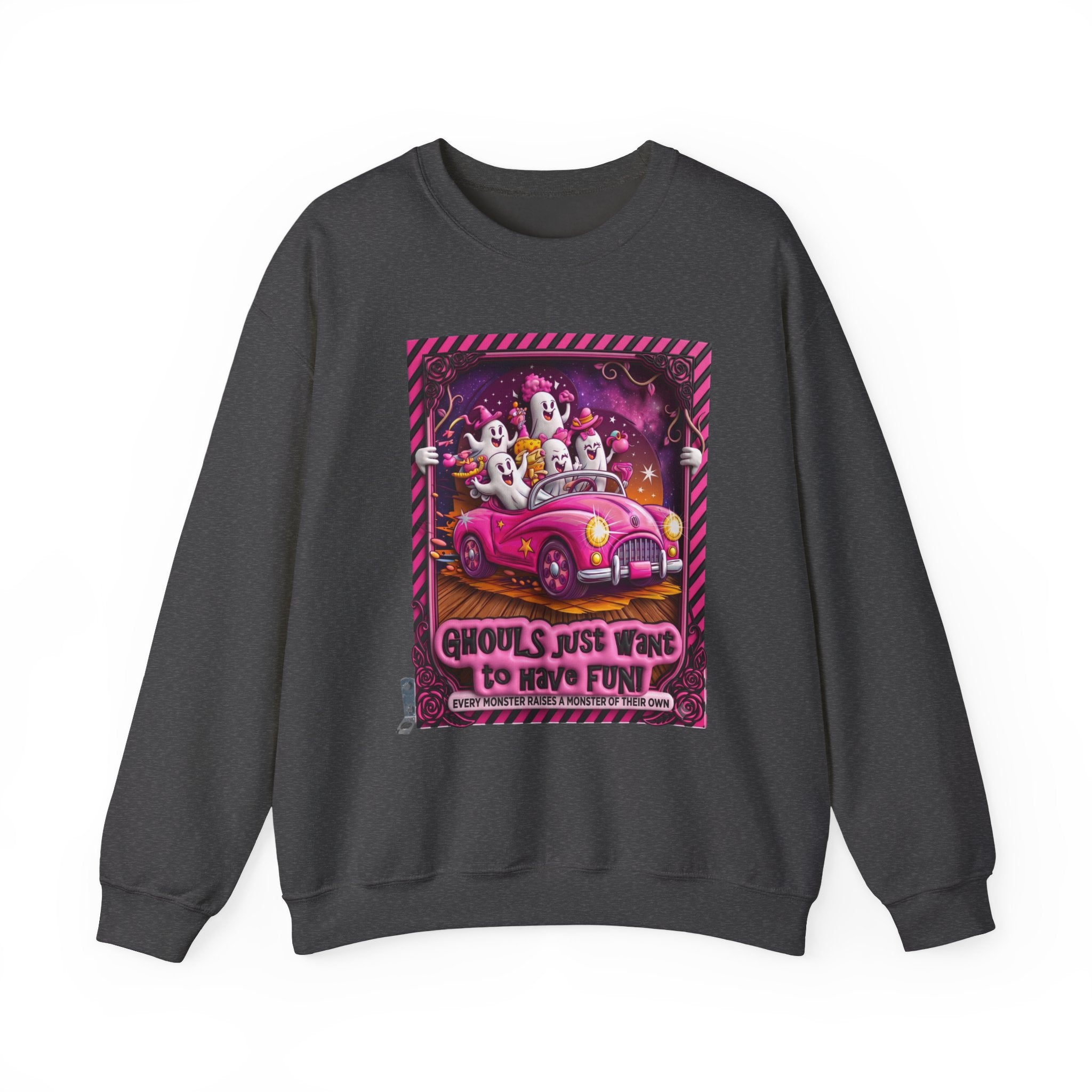 Dark Heather crewneck sweatshirt laid flat, printed with a carload of smiling ghosts cruises in a bubblegum pink
