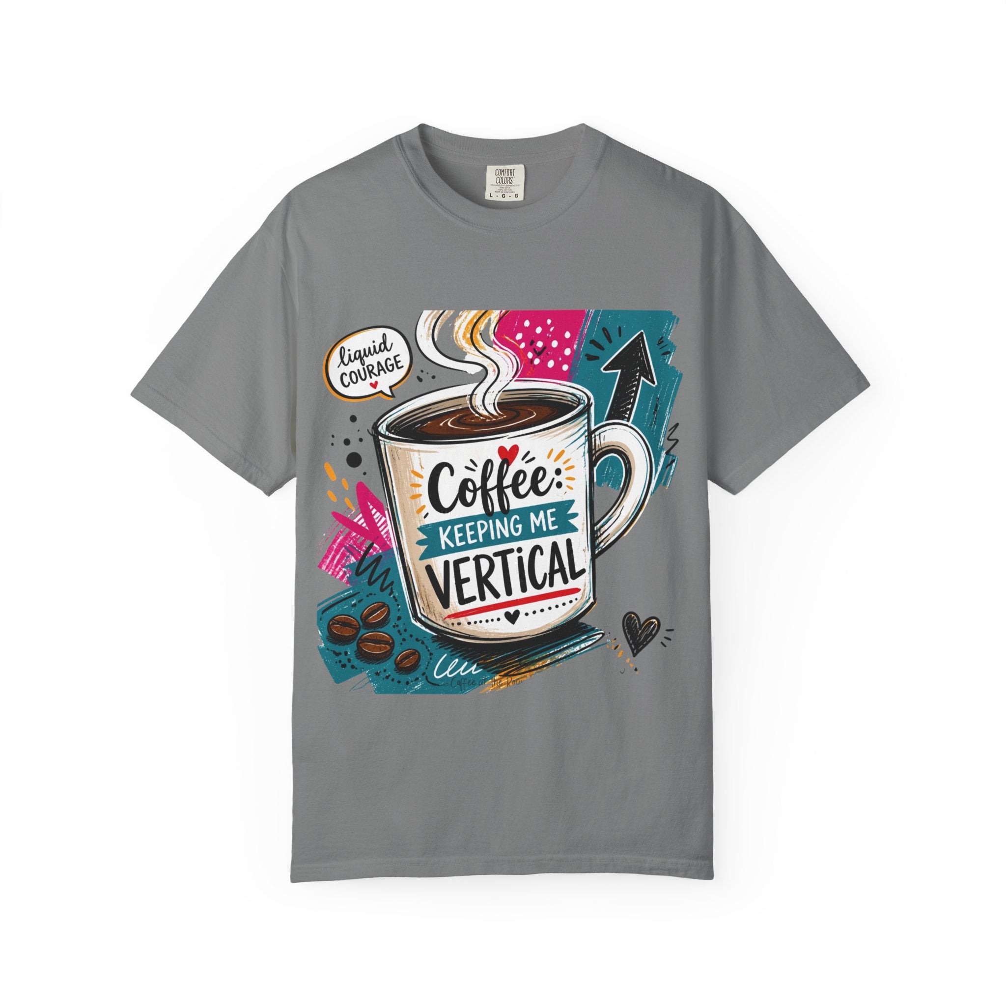 Grey t-shirt laid flat, printed with a tall striped mug set into a busy retro collage