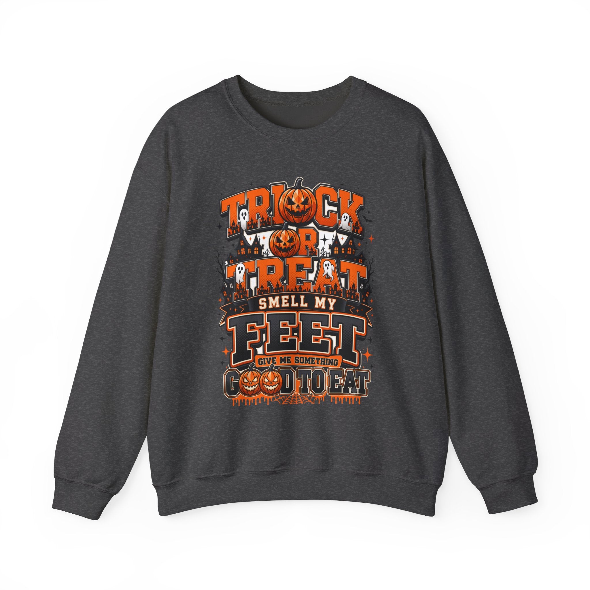 Dark Heather crewneck sweatshirt laid flat, printed with a stacked orange and black lettering spells out the classic