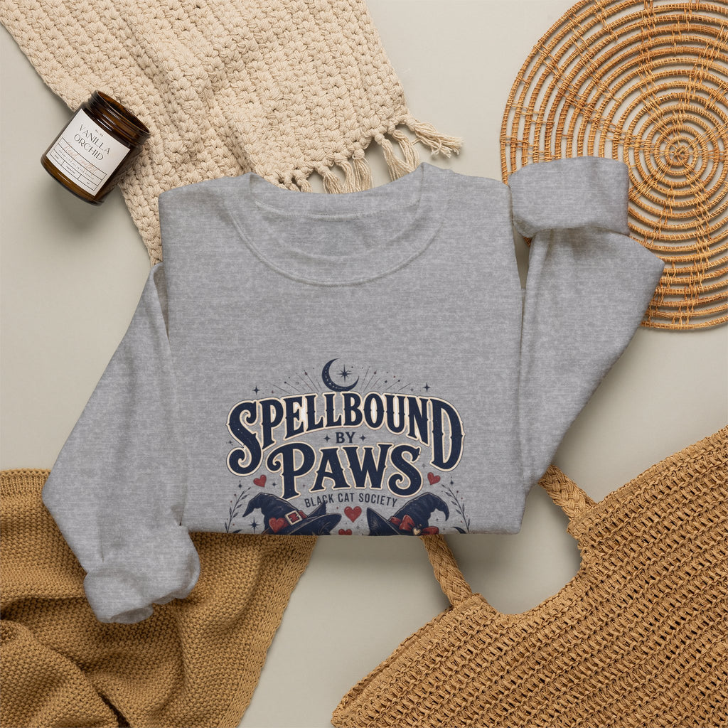 Sport Grey crewneck sweatshirt styled flat with a candle — two black cats in witch hats