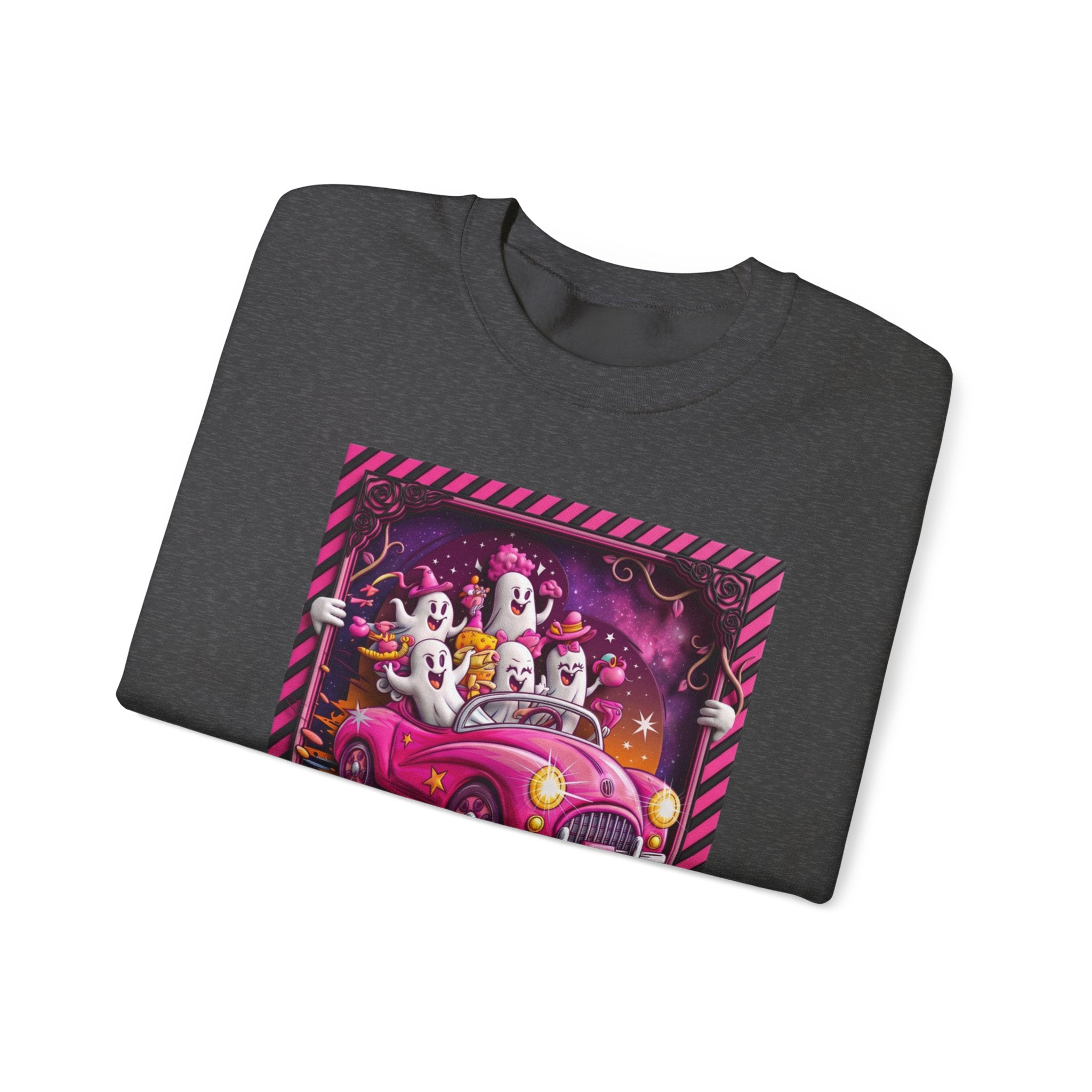 Dark Heather crewneck sweatshirt folded to show the carload of smiling ghosts cruises in a bubblegum pink print
