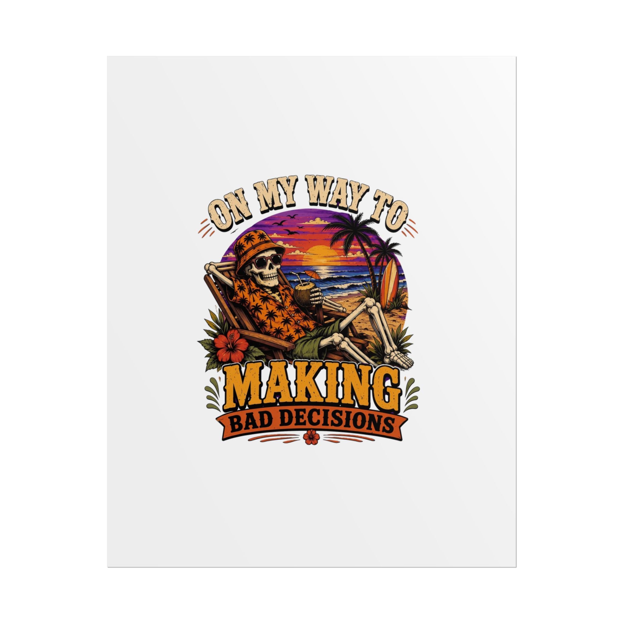 Poster print showing a grinning skeleton stretched out under a burning tropical sunset, view 4