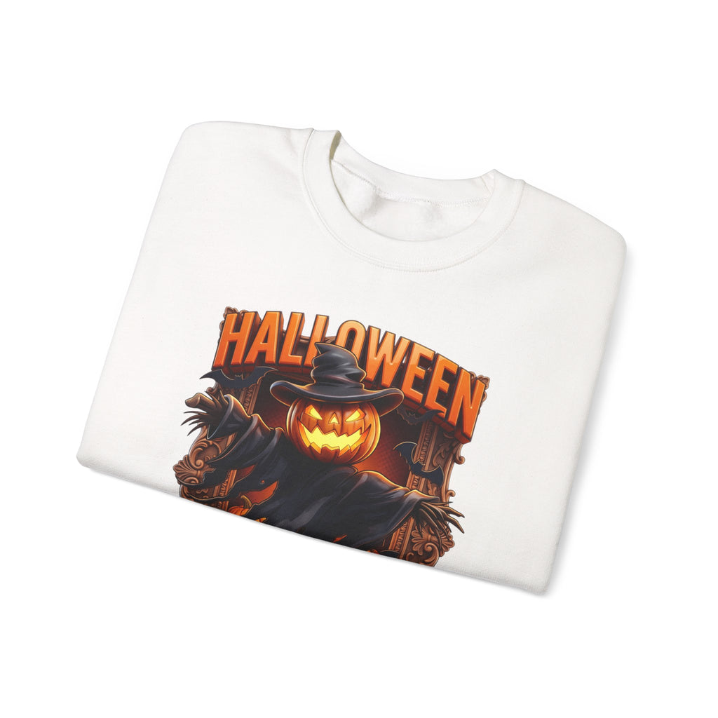 White crewneck sweatshirt folded to show the scarecrow with a glowing jack-o-lantern head stands print