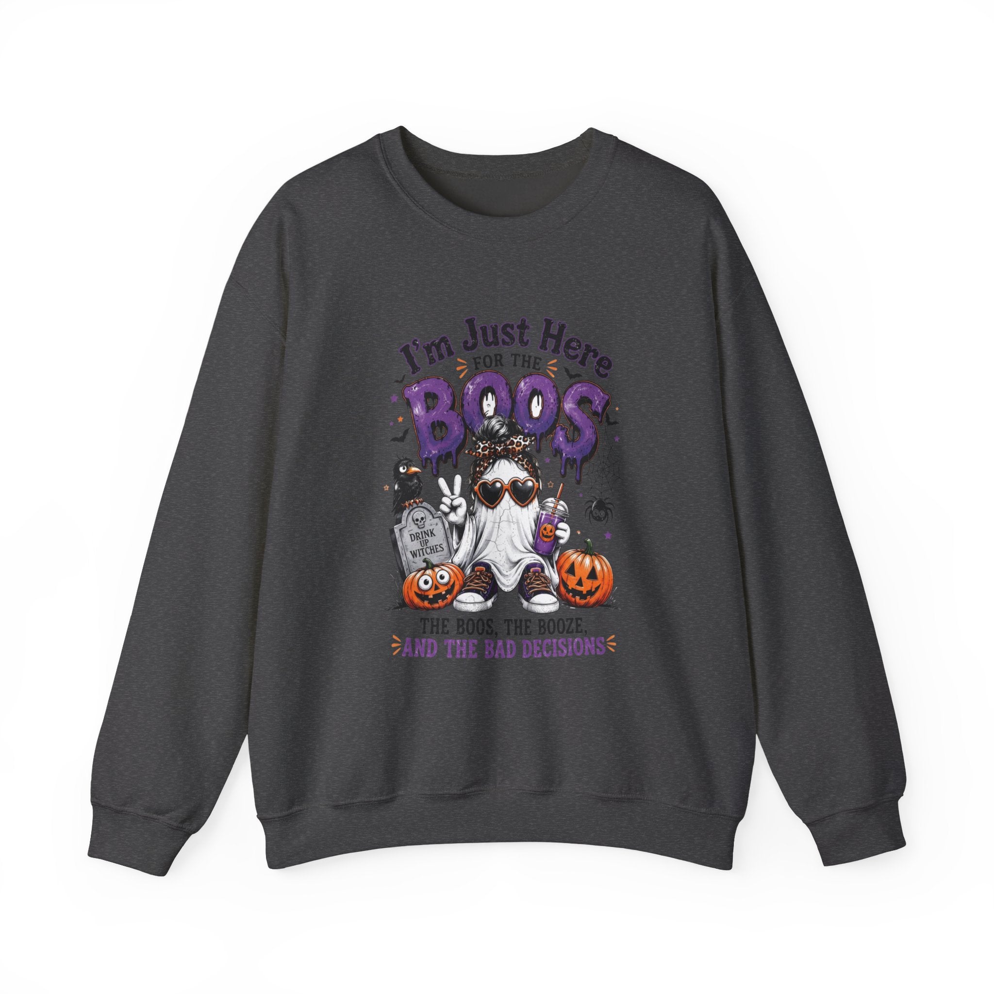 Dark Heather crewneck sweatshirt laid flat, printed with a three cartoon ghosts in sunglasses