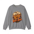 Graphite Heather crewneck sweatshirt laid flat, printed with a two frothy beer mugs carved with jack-o-lantern faces clink