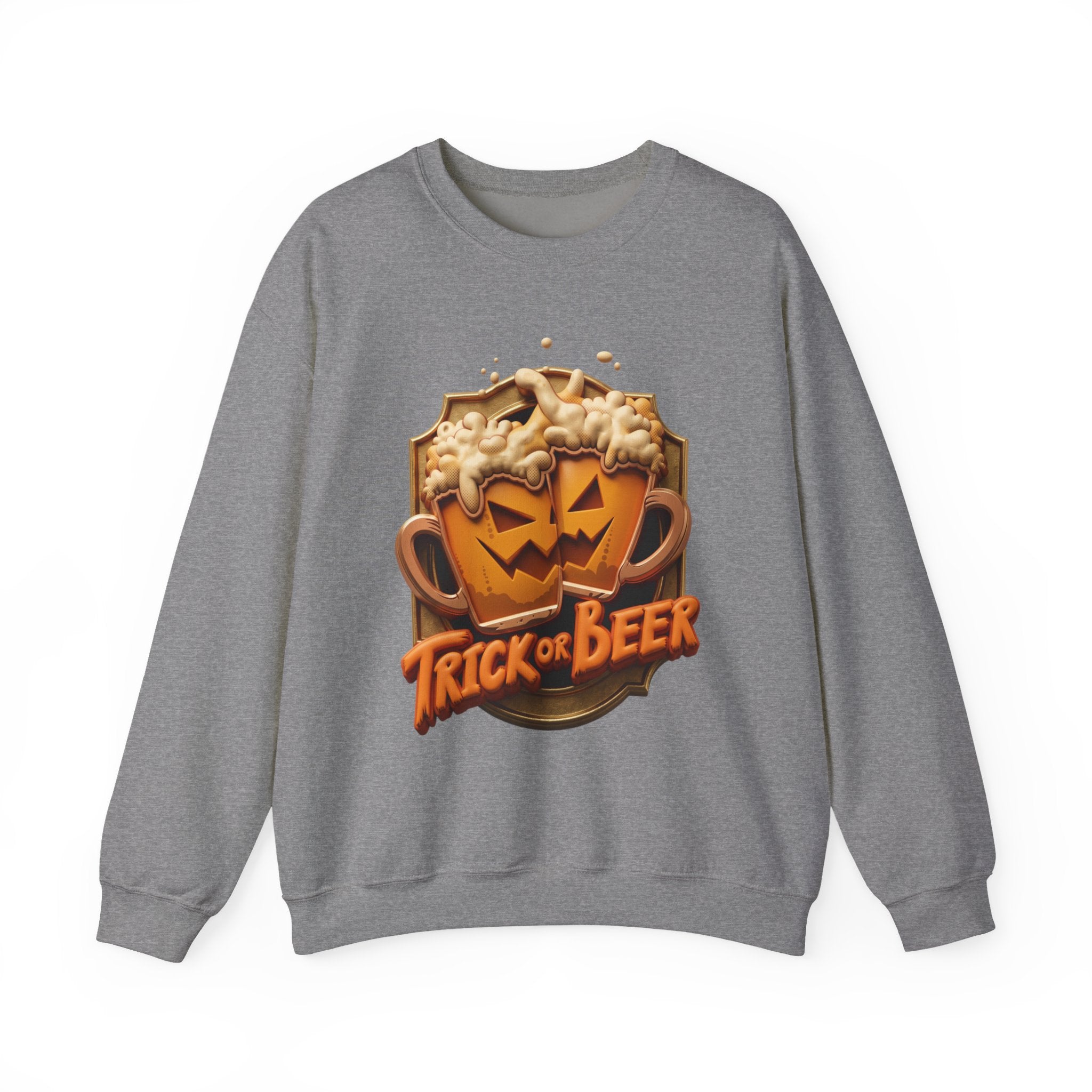 Graphite Heather crewneck sweatshirt laid flat, printed with a two frothy beer mugs carved with jack-o-lantern faces clink