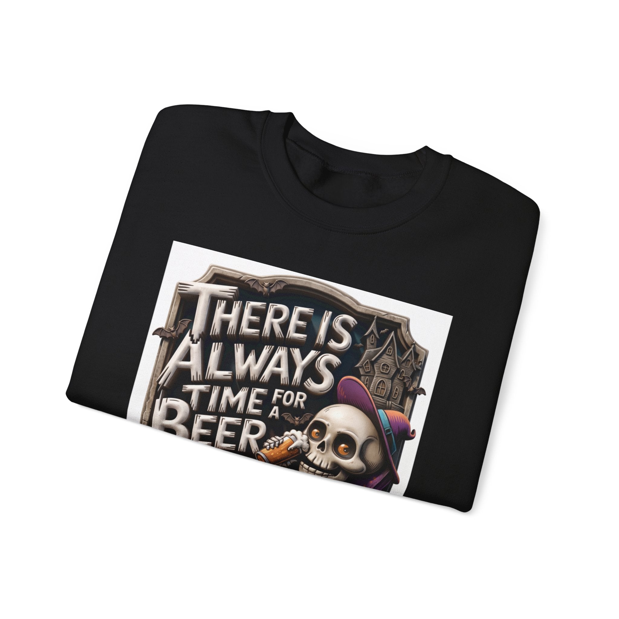 Black crewneck sweatshirt folded to show the skeleton in a floppy purple hat kicks back print