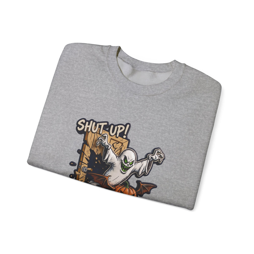 Sport Grey crewneck sweatshirt folded to show the green-eyed ghost with bat wings bursts through a wooden print